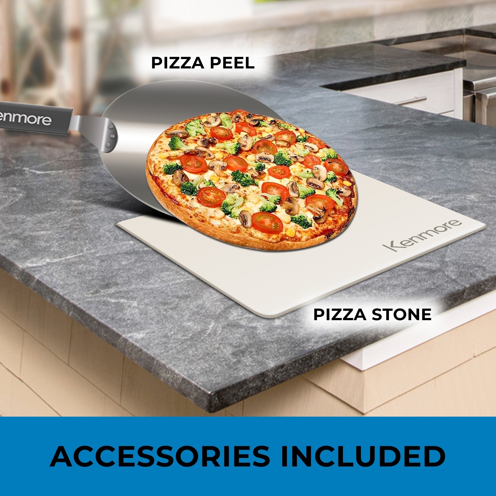 Pizza peel lifting a pizza from the pizza stone, both labeled, on a dark gray marbled countertop. Text below reads, "Accessories included"