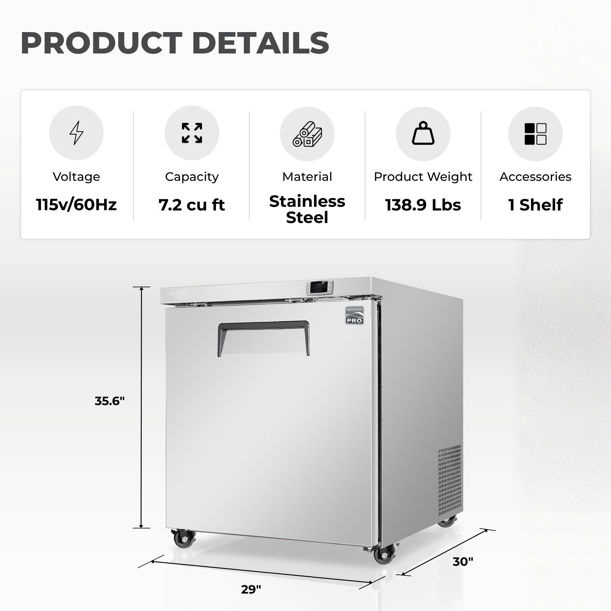 Kenmore PRO 7.2 cu.ft. Stainless Steel Undercounter Commercial Freezer/Refrigerator