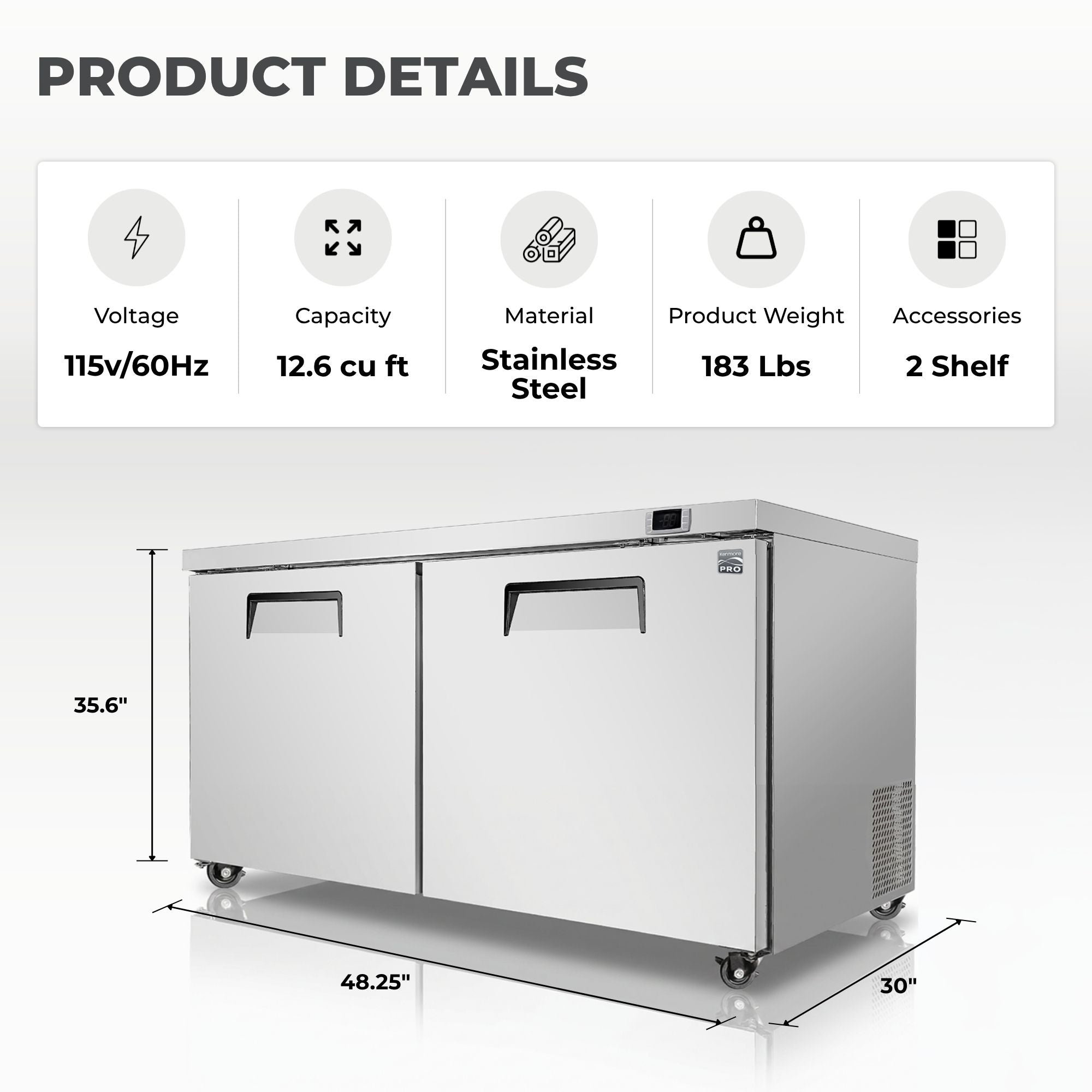 Kenmore PRO 12.6 cu.ft. Stainless Steel Undercounter Commercial Freezer/Refrigerator