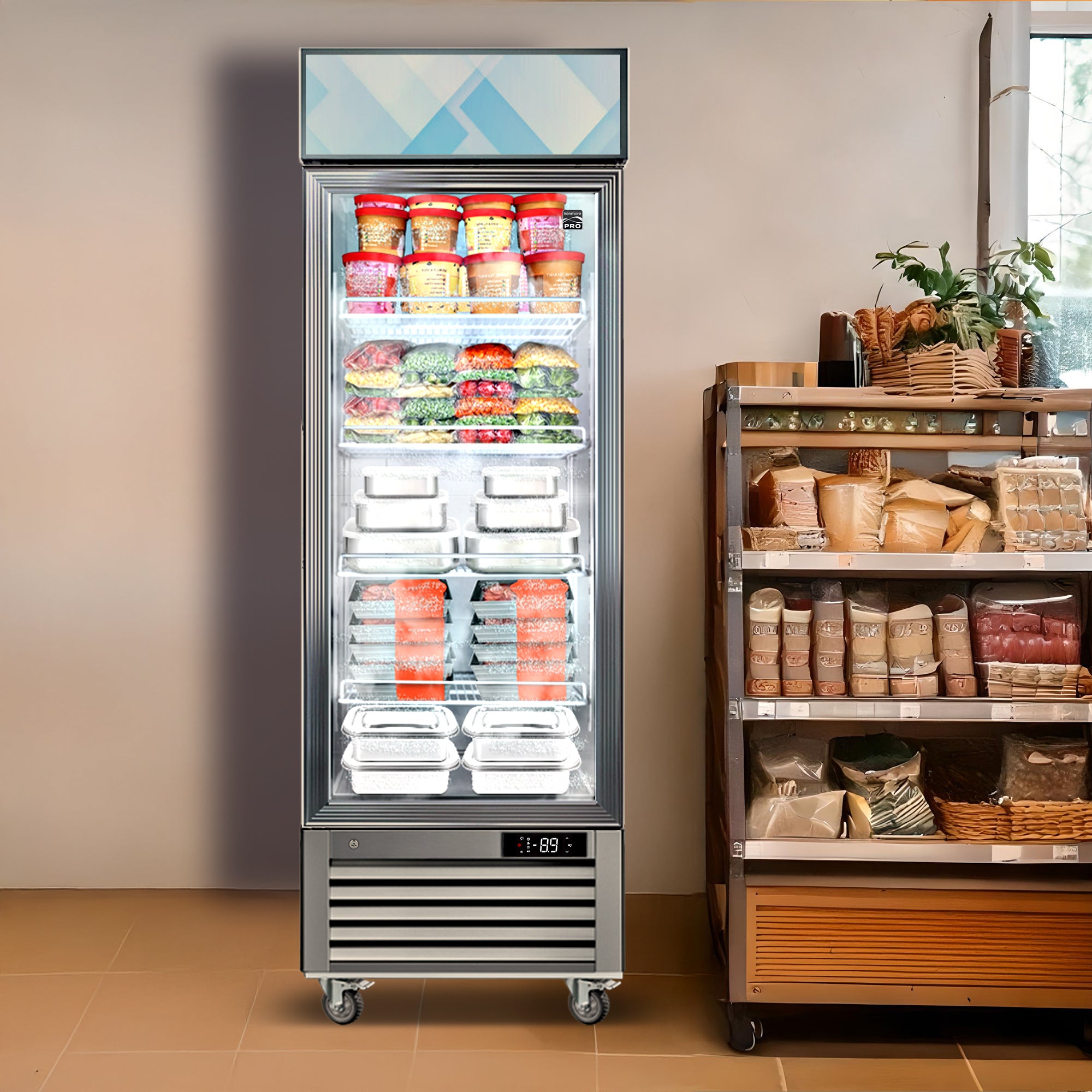Kenmore Pro commercial reach-in glass door display freezer filled with frozen food products in a retail setting with displays of fruits and vegetables on either side