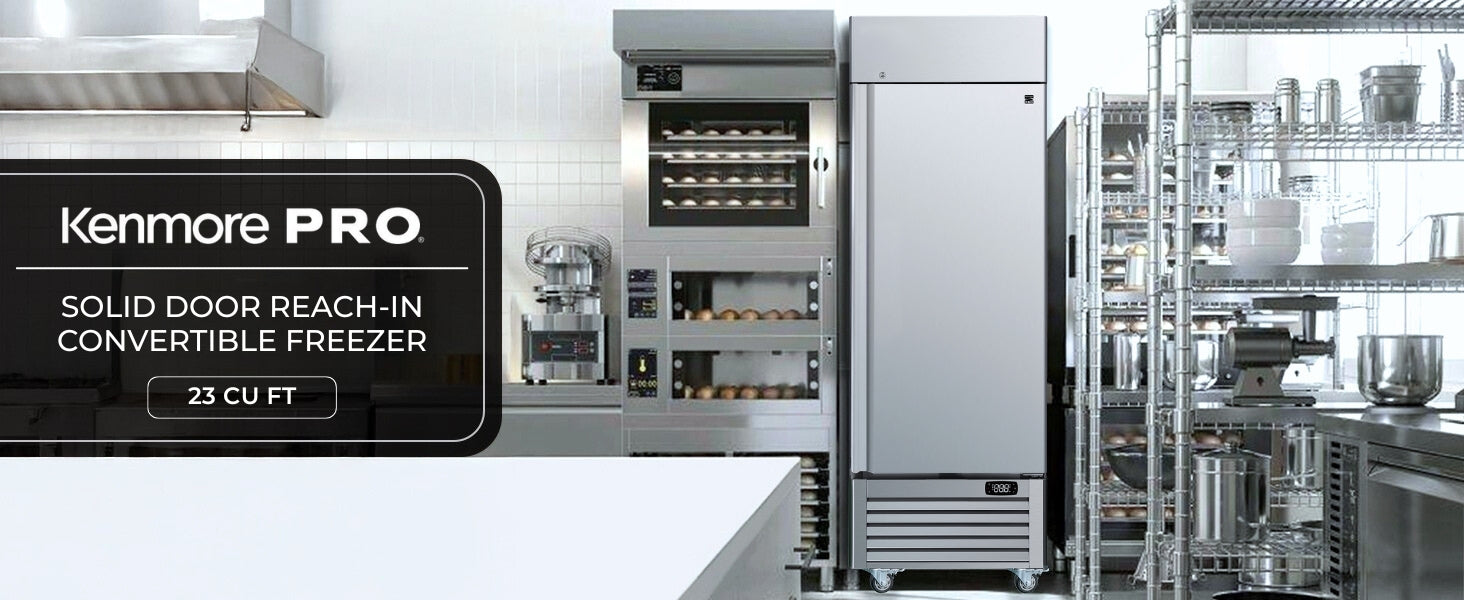 Kenmore Pro solid door commercial freezer, closed, in a commercial kitchen