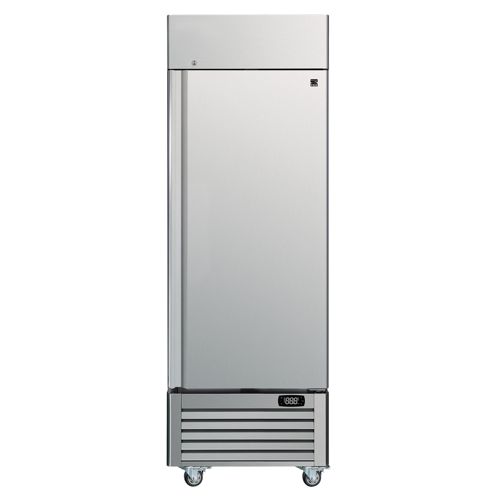 Kenmore Pro commercial reach-in solid door stainless steel convertible freezer/refrigerator, closed, on a white background