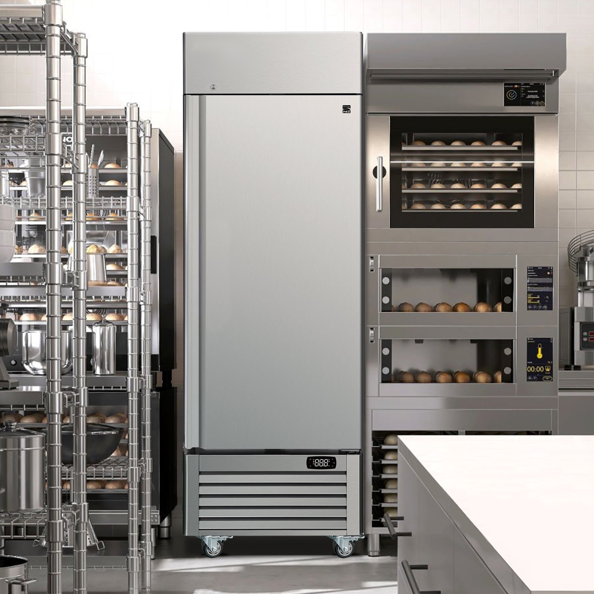 Kenmore Pro commercial reach-in freezer, closed, in a commercial kitchen