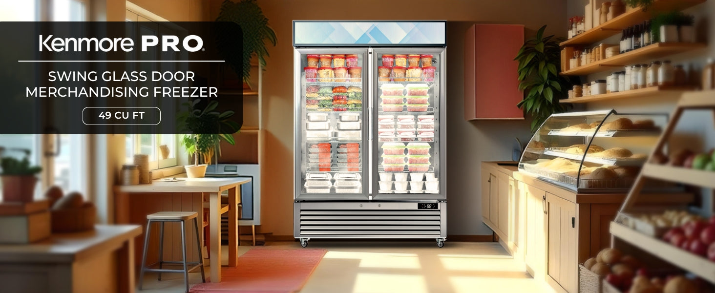 Kenmore Pro glass door display freezer filled with frozen food products in a retail setting