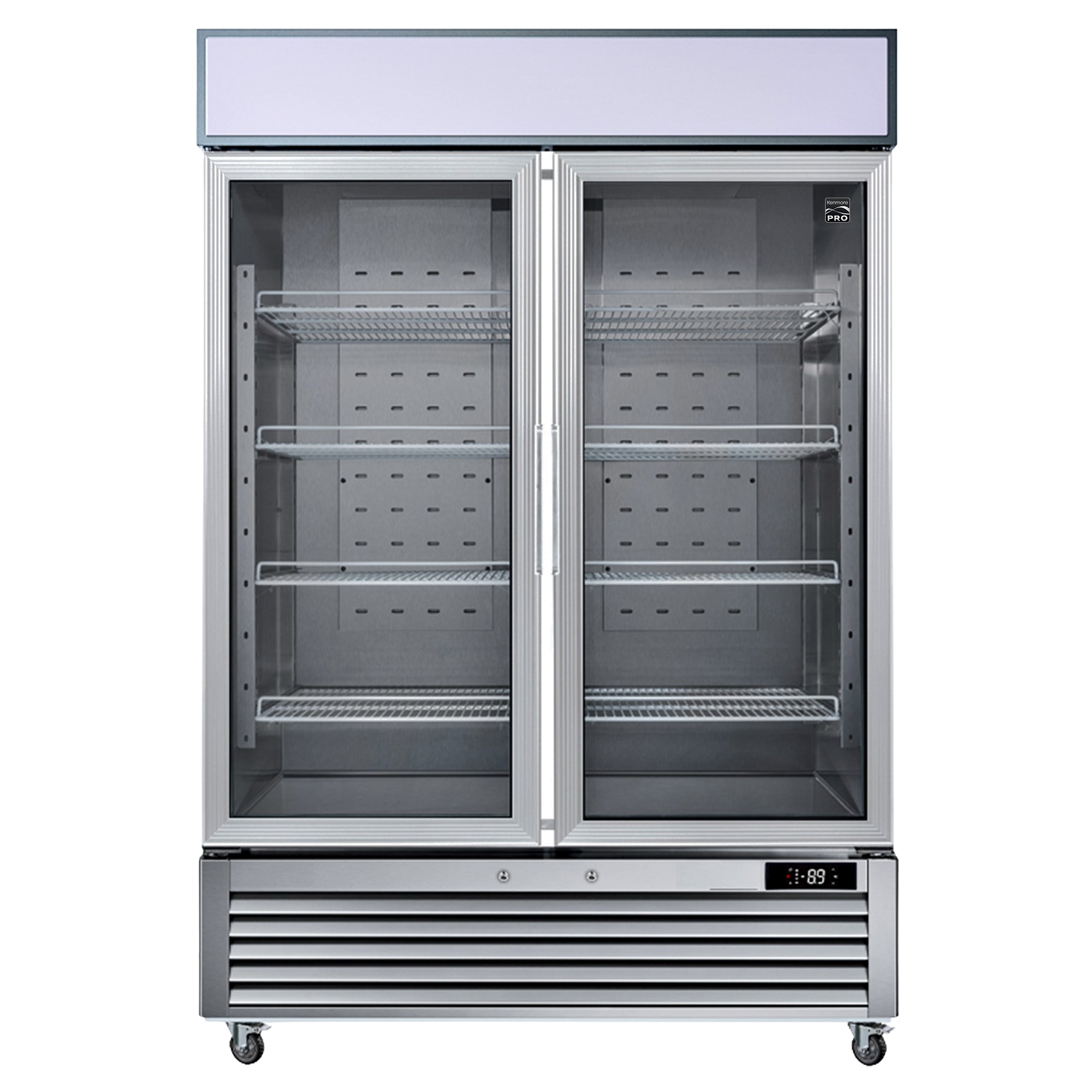Kenmore Pro swing glass door merchandiser freezer, closed, on a white background