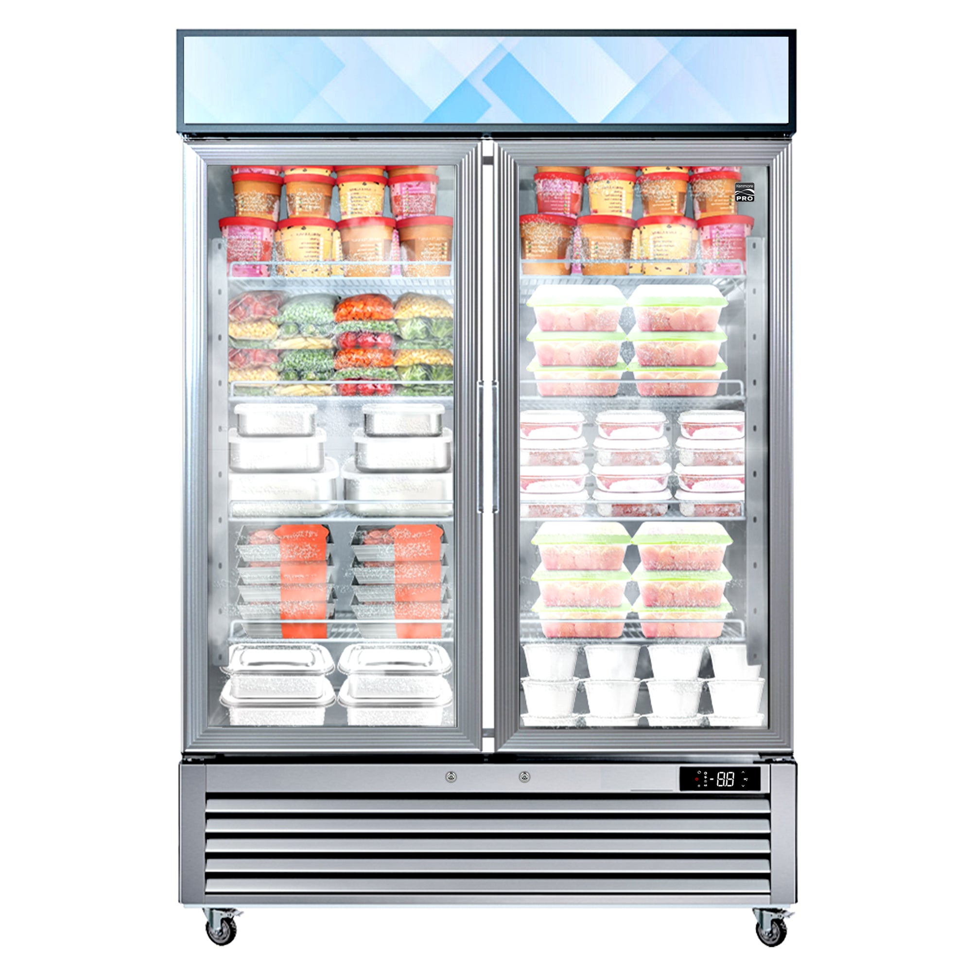 Kenmore Pro glass door convertible commercial fridge/freezer filled with frozen food products on a white background.