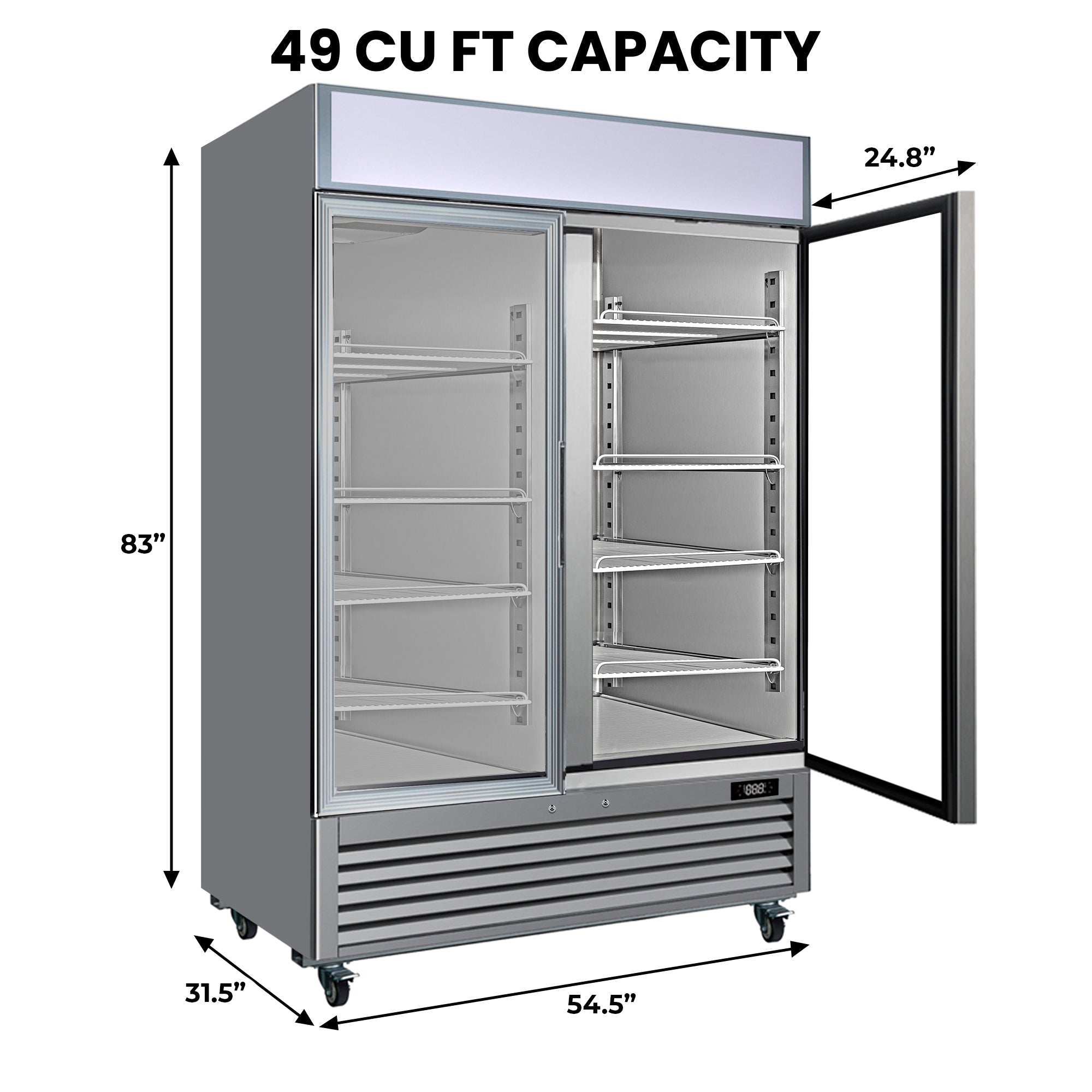 Kenmore Pro commercial reach-in glass door commercial freezer with built-in ad panel lightbox display on a white background with dimensions and capacity listed.