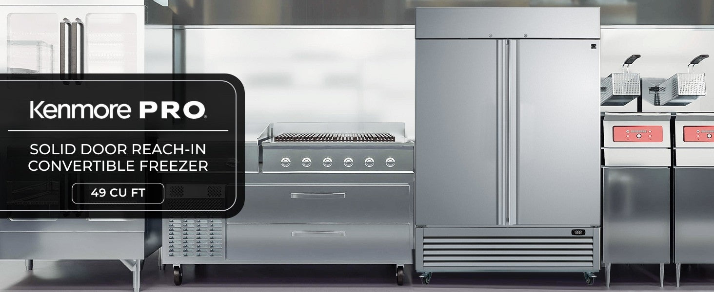 Kenmore Pro solid door commercial freezer, closed, in a commercial kitchen