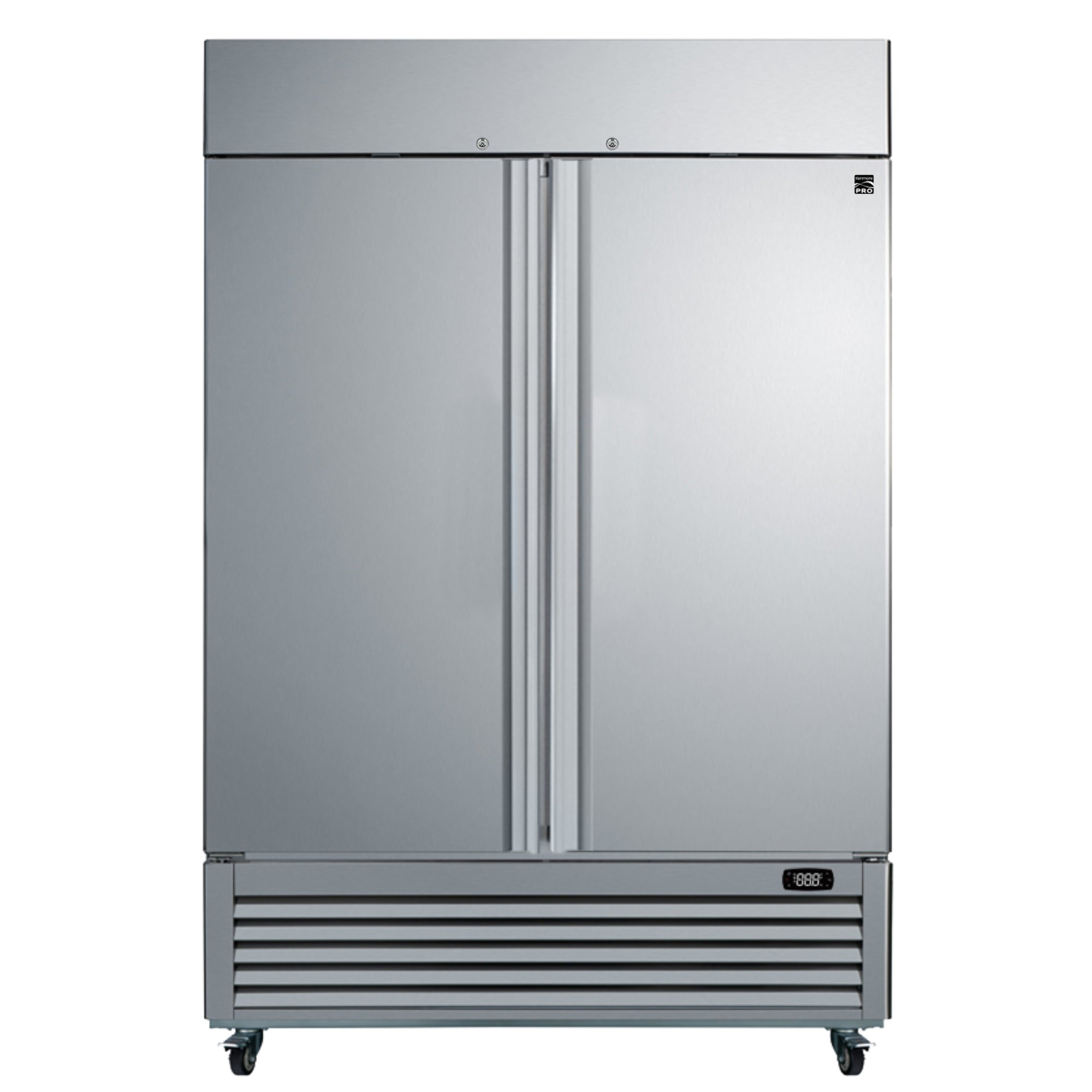 Kenmore Pro commercial reach-in solid door stainless steel convertible freezer/refrigerator, closed, on a white background