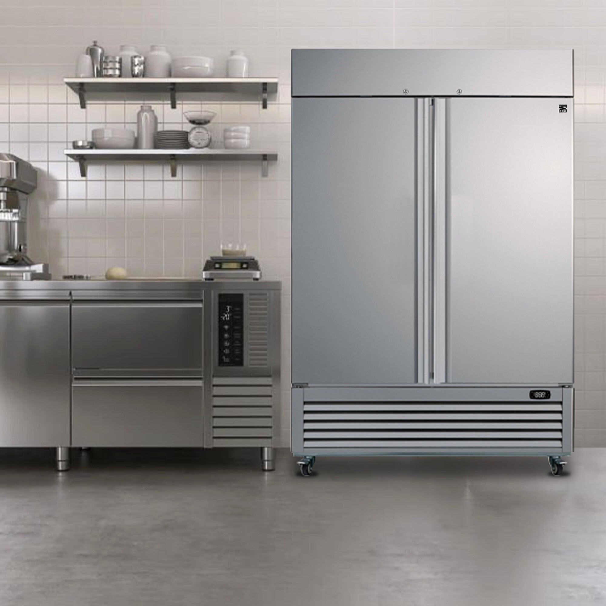 Kenmore Pro commercial reach-in freezer, closed, in a commercial kitchen