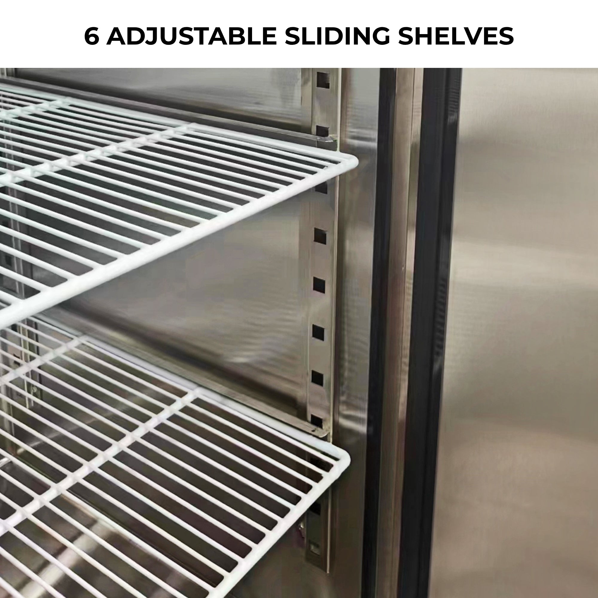 Closeup of the removable shelves inside the Kenmore Pro commercial reach-in solid door stainless steel convertible freezer/refrigerator with text above reading, "6 adjustable sliding shelves."