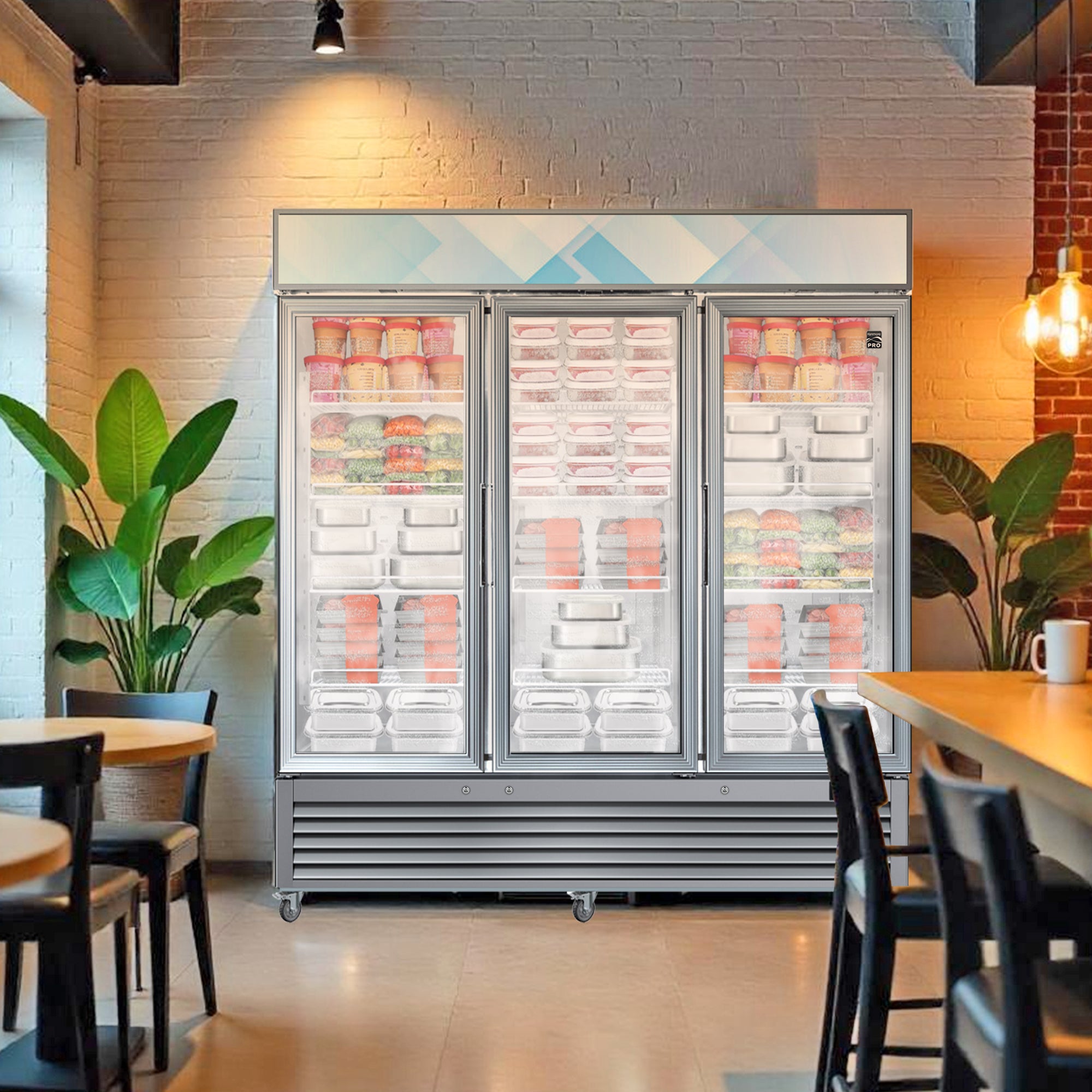 Kenmore Pro commercial reach-in glass door display freezer filled with frozen food products in a retail setting