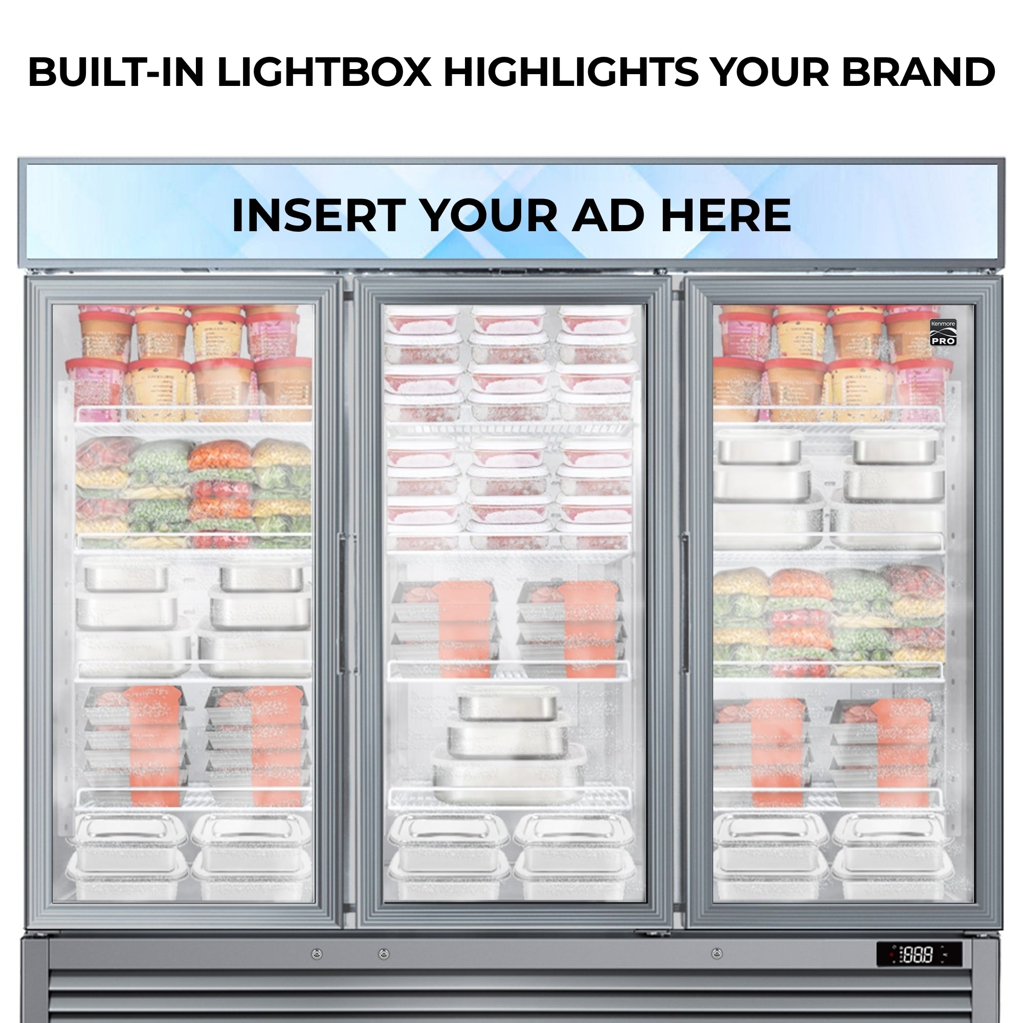 Closeup of the top half of the Kenmore Pro swing glass door merchandising freezer showing the customizable lightbox with a backlit ad panel reading, "Insert your ad here." Text above reads, "Built-in lightbox highlights your brand."