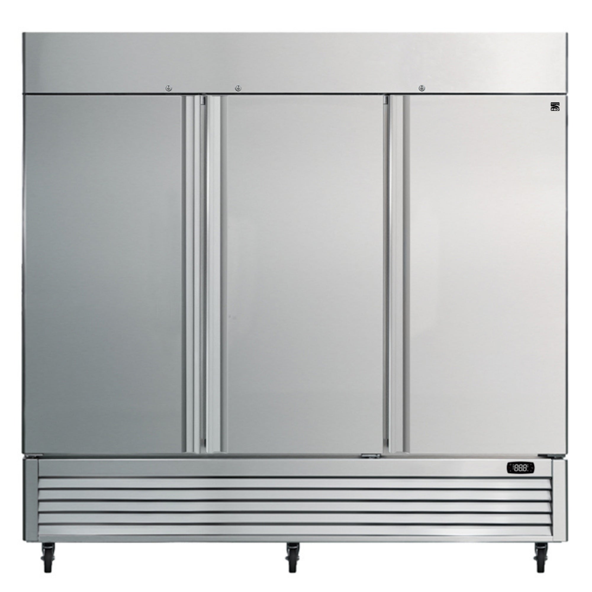 Kenmore Pro commercial reach-in solid door stainless steel convertible freezer/refrigerator, closed, on a white background