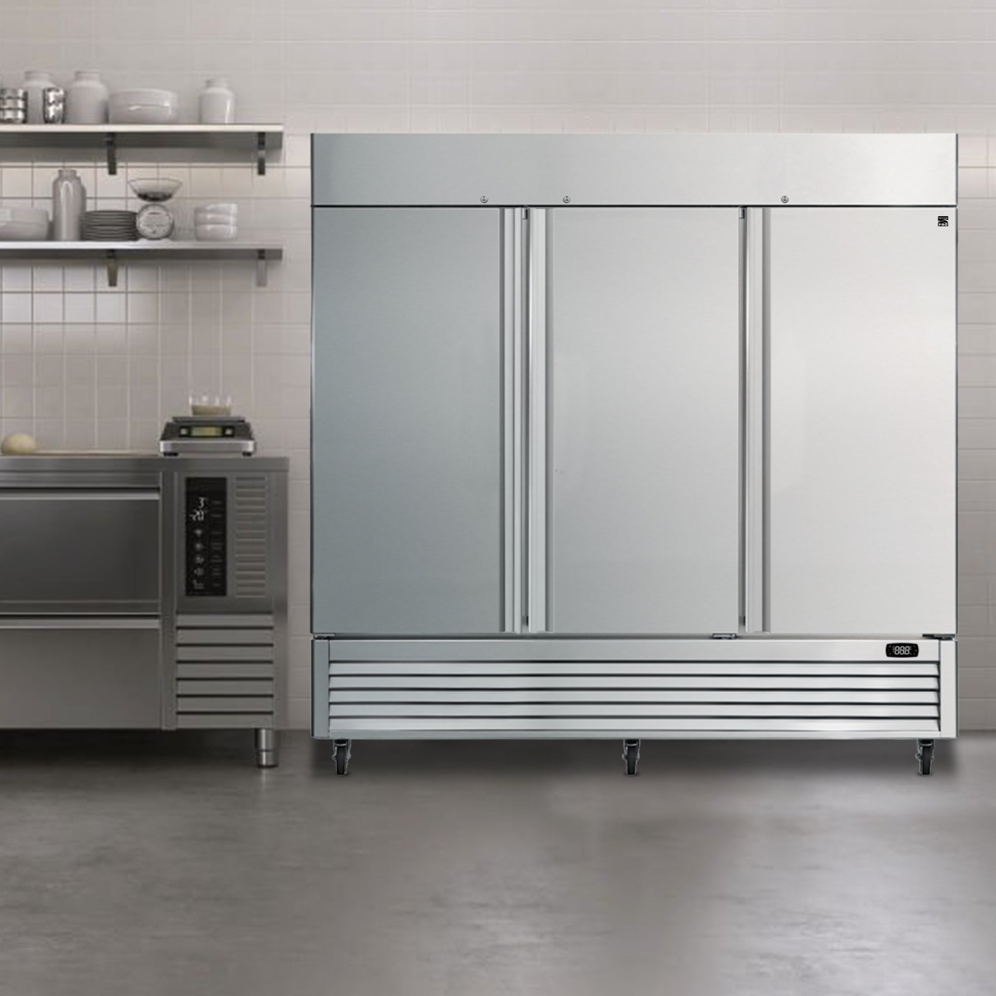 Kenmore Pro commercial reach-in freezer, closed, in a commercial kitchen