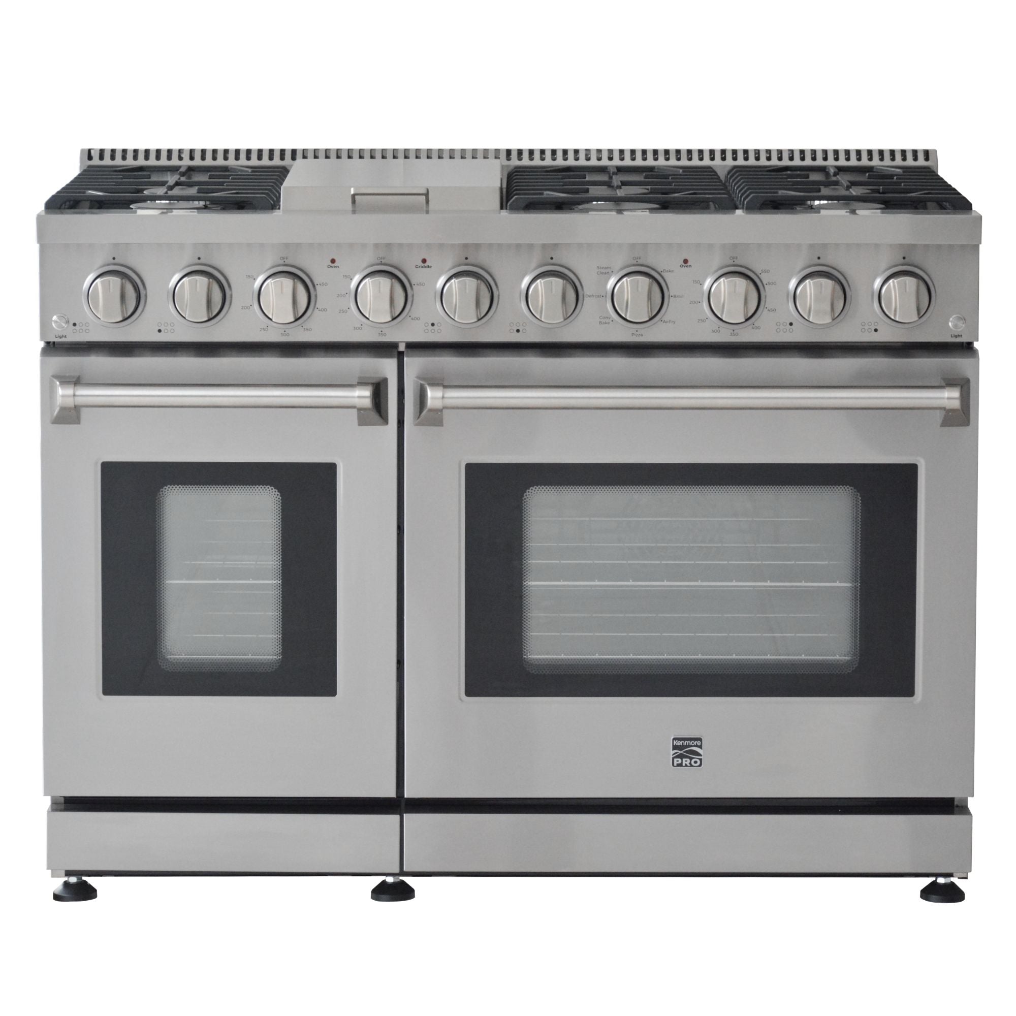 Kenmore PRO stainless steel front-control range, closed, on a white background