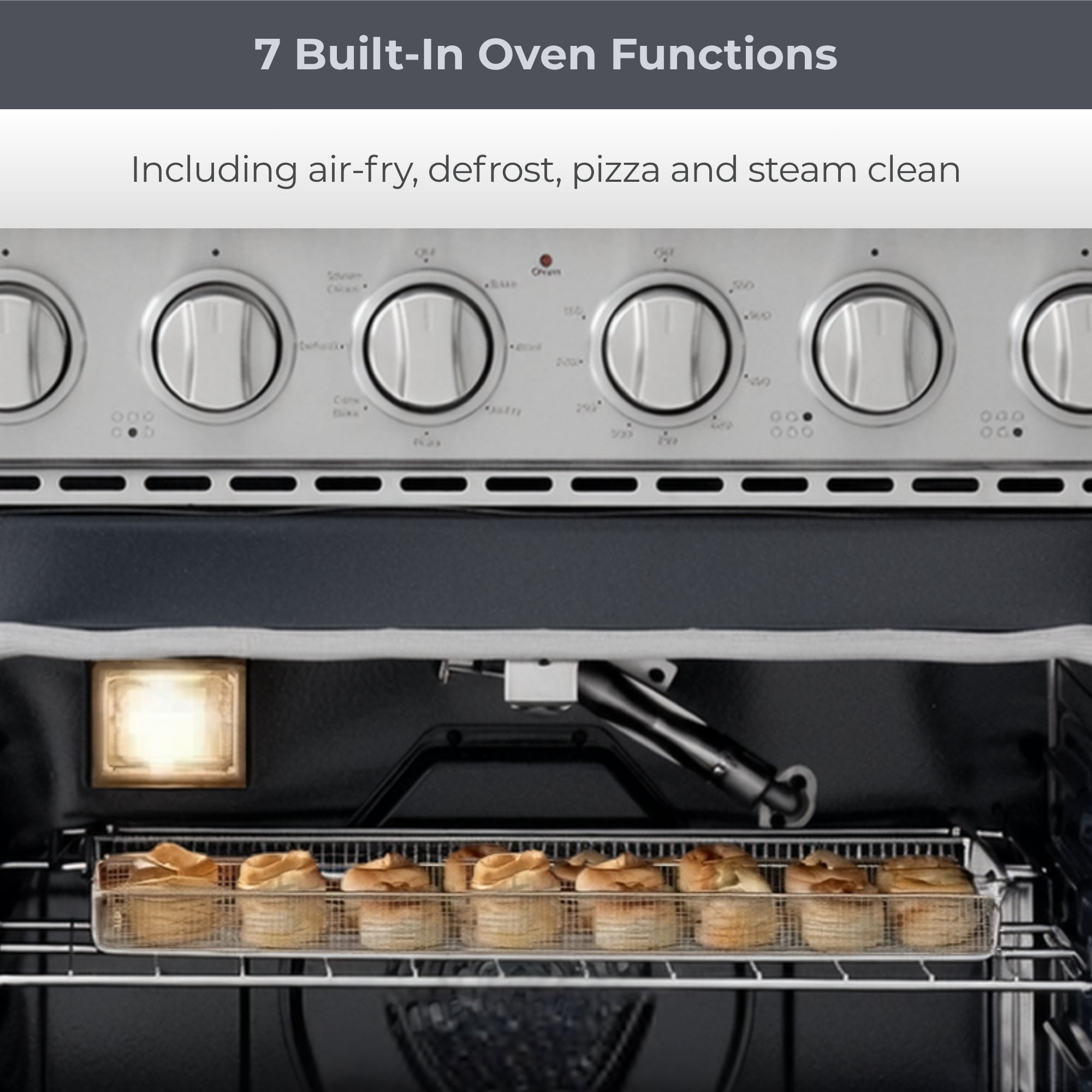Closeup of oven interior with food cooking in air fryer basket. Text above reads, "7 Built-In Oven Functions: Including air-fry, defrost, pizza and steam clean "