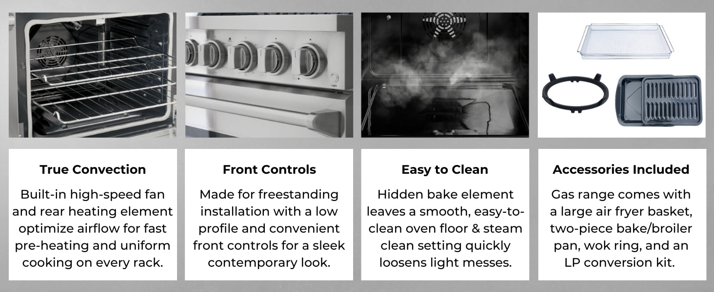 Four images with text below describe features of the Kenmore Pro stainless steel front control range: True Convection; Front Controls; Easy to Clean; Accessories Included.