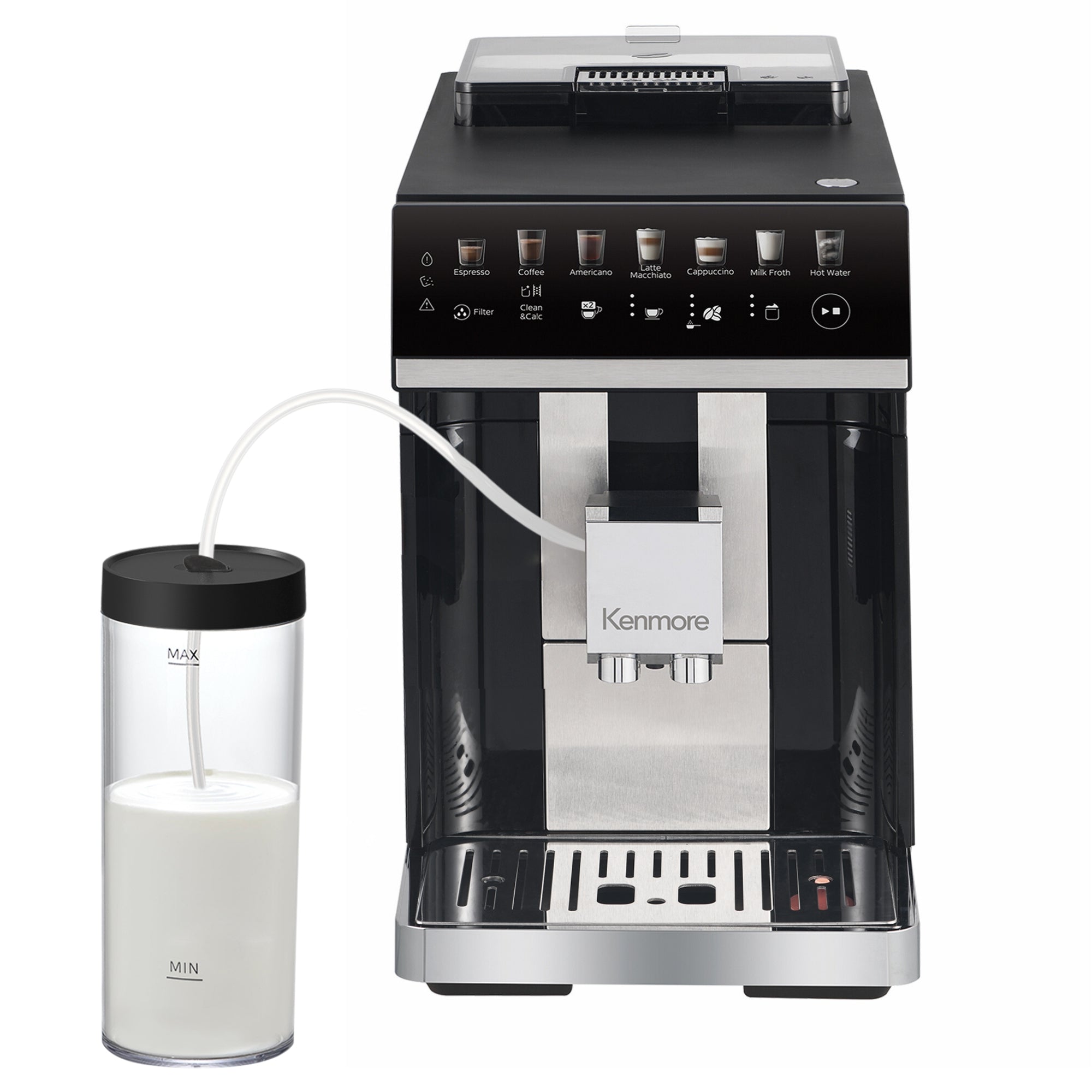 Kenmore super automatic espresso maker with dual cream milk frother on a white background