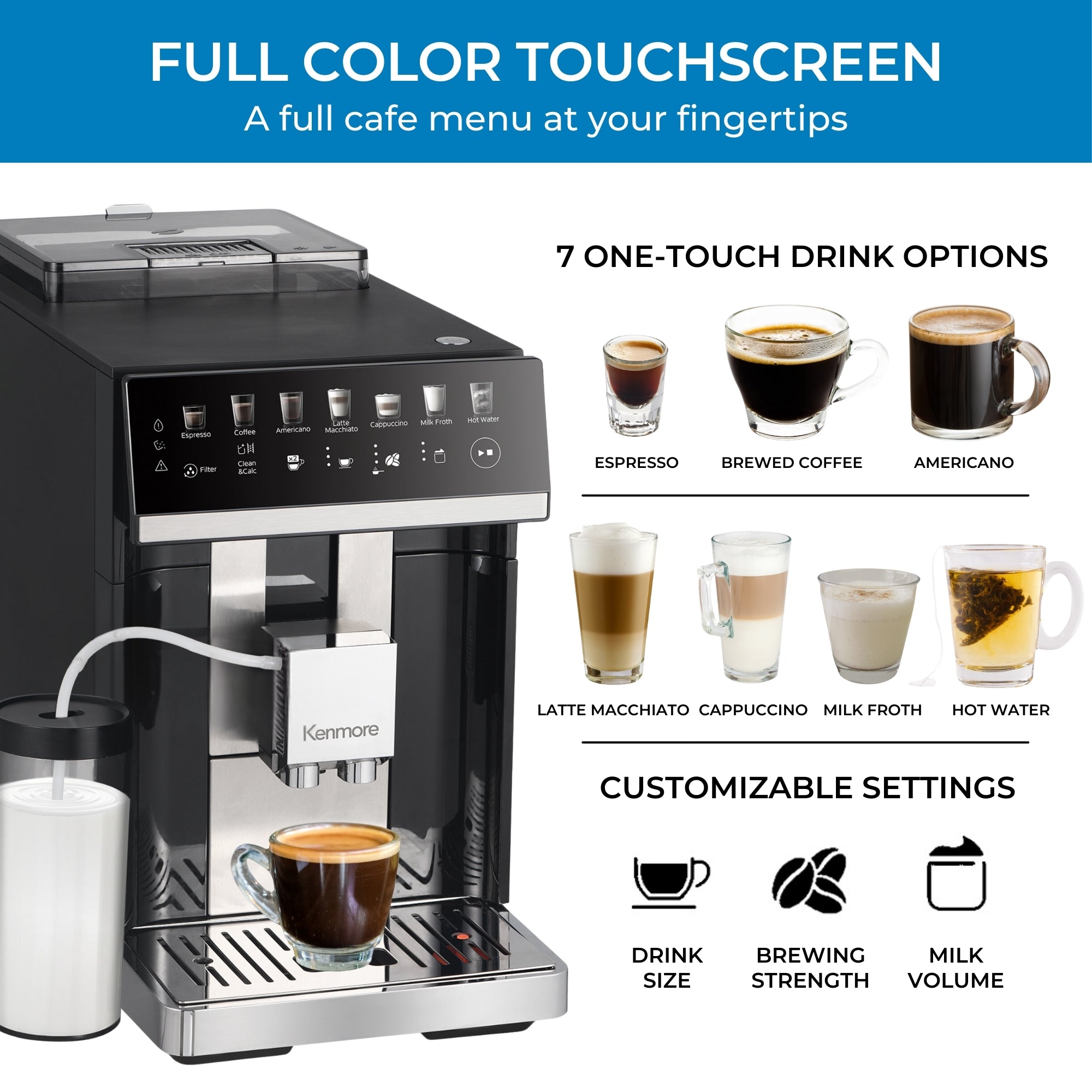 Kenmore super automatic espresso machine on a white background with text above reading, "Full Color Touchscreen: A full cafe menu at your fingertips." To the right of the machine is text reading, "7 one-touch drink options," above small labeled pictures of drinks (Espresso, brewed coffee, americano, latte macchiato, cappuccino, milk froth, and hot water) and text reading, "Customizable settings," above icons labeled: Drink size, brewing strength, and milk volume.