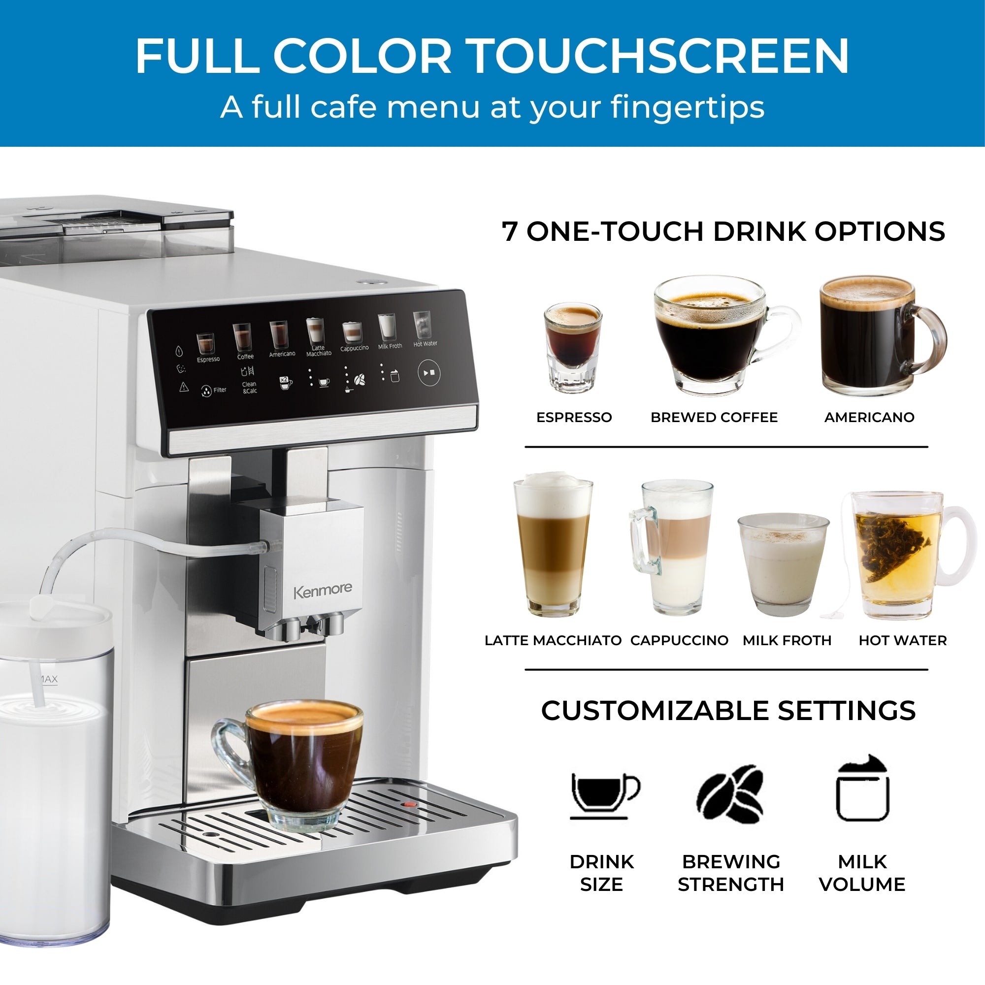 Kenmore super automatic espresso machine on a white background with text above reading, "Full Color Touchscreen: A full cafe menu at your fingertips." To the right of the machine is text reading, "7 one-touch drink options," above small labeled pictures of drinks (Espresso, brewed coffee, americano, latte macchiato, cappuccino, milk froth, and hot water) and text reading, "Customizable settings," above icons labeled: Drink size, brewing strength, and milk volume.