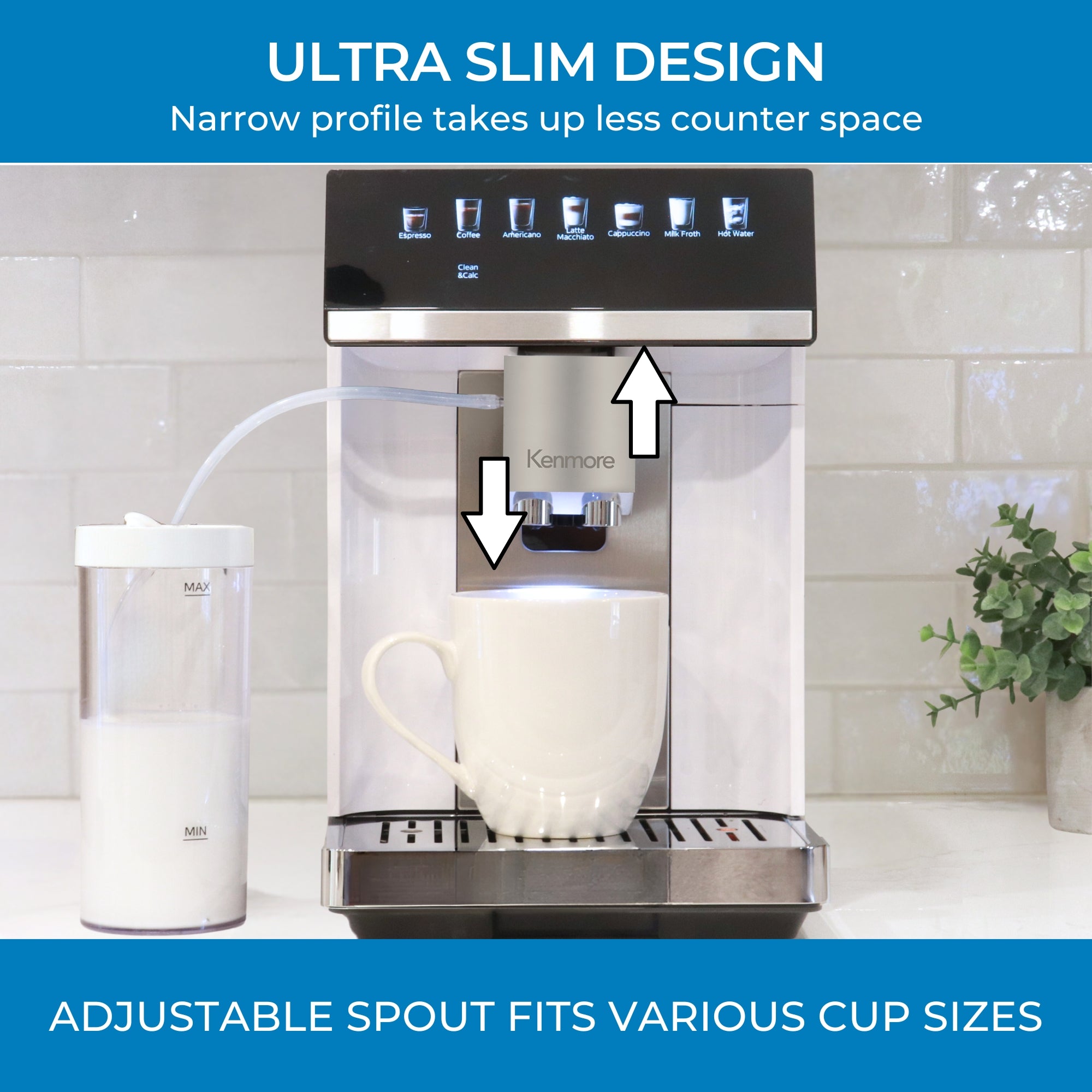 Kenmore fully automatic espresso coffee machine on a white kitchen counter with a white coffee mug below the spout and up and down arrows beside the adjustable brewing outlet. Text above reads, "Ultra slim design: Narrow profile takes up less counter space," and text below reads, "Adjustable spout fits various cup sizes."