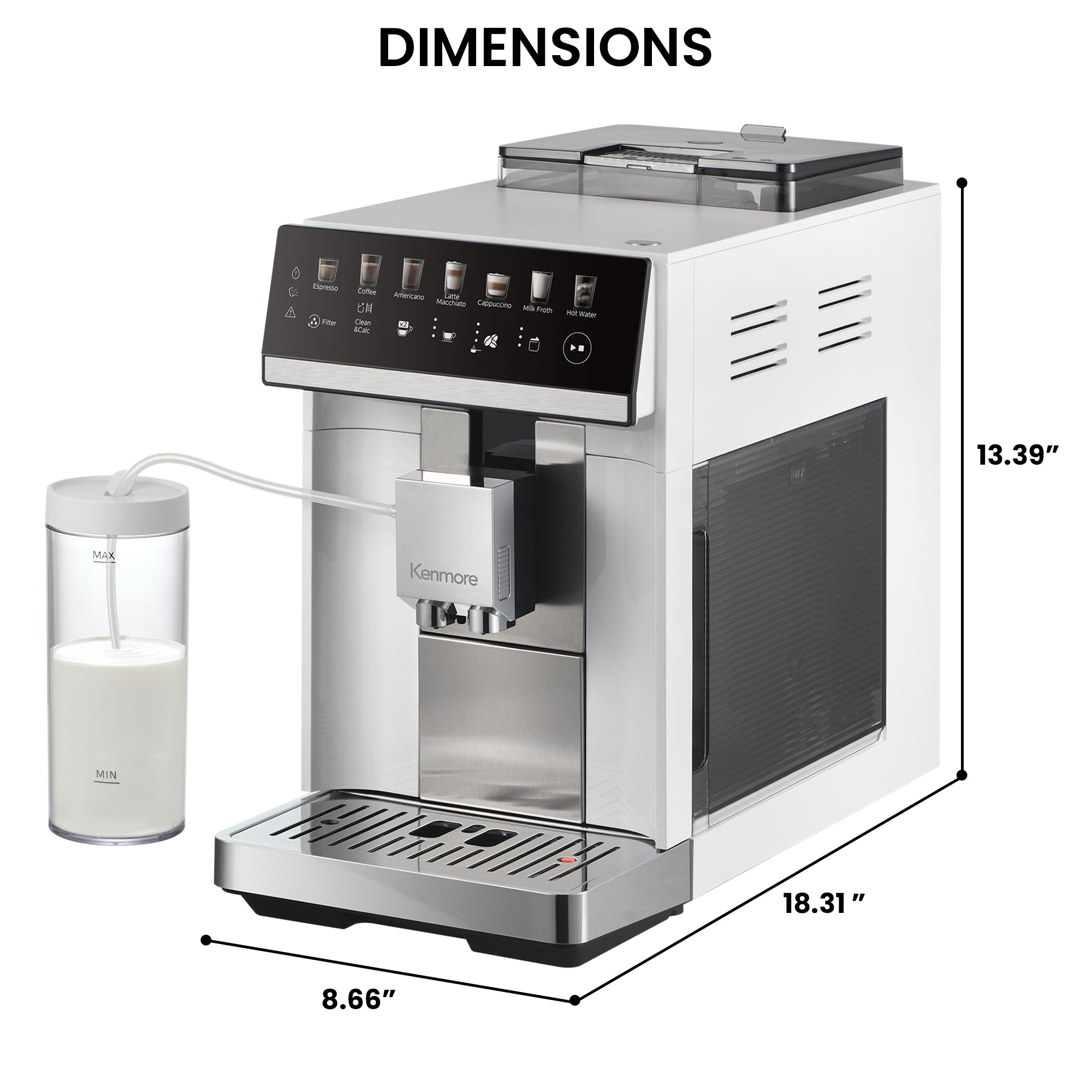 Kenmore super automatic espresso maker and dual cream milk frother with dimensions labeled on a white background