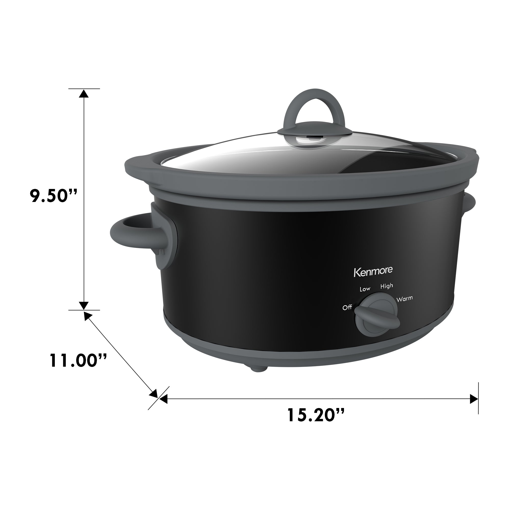 Kenmore 5 quart black slow cooker on a white background with dimensions labeled
