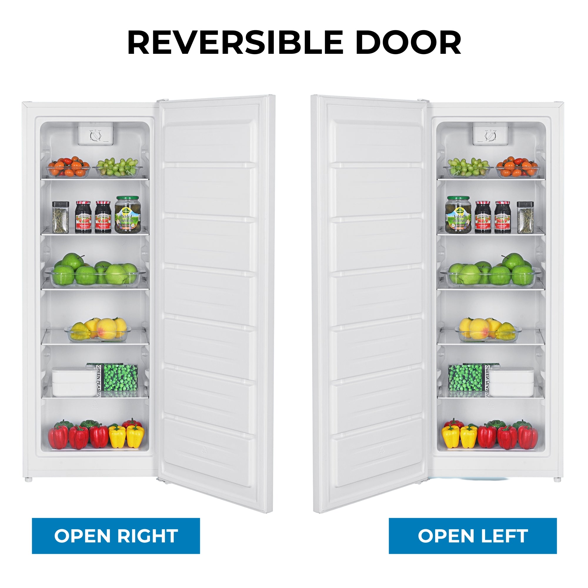 Two pictures show the Kenmore upright convertible open and filled with food items with the reversible door installed to open right and left