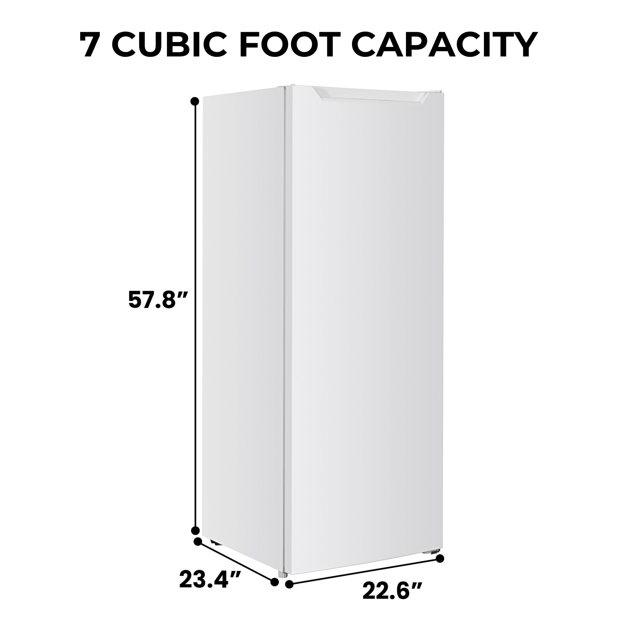 Kenmore upright convertible freezer on a white background with dimensions labeled and text above reading, "7 cubic foot capacity"