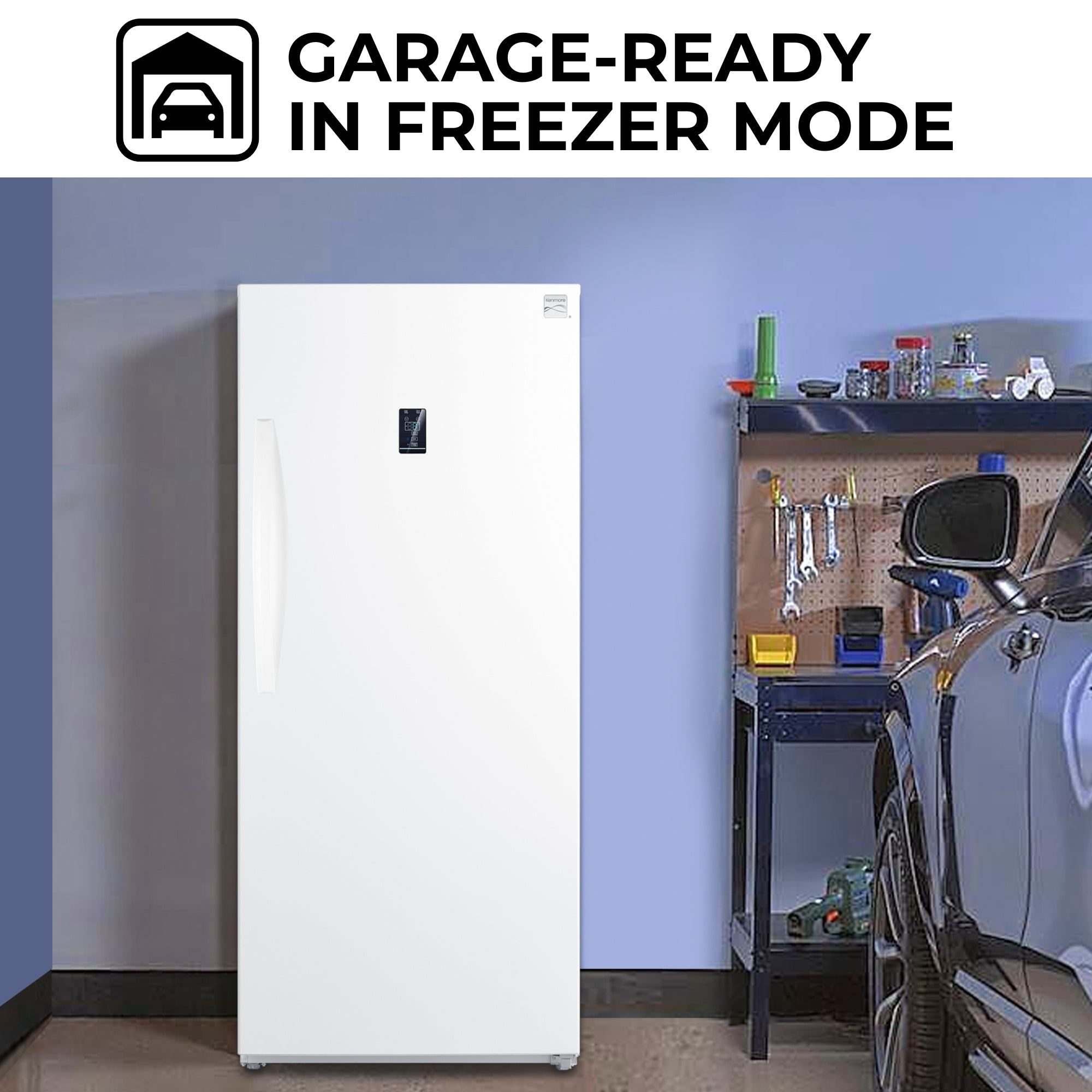 Four images show settings where the freezer could be used: Basement, cabin, kitchen, garage. Text above reads, "Garage-ready freezer"