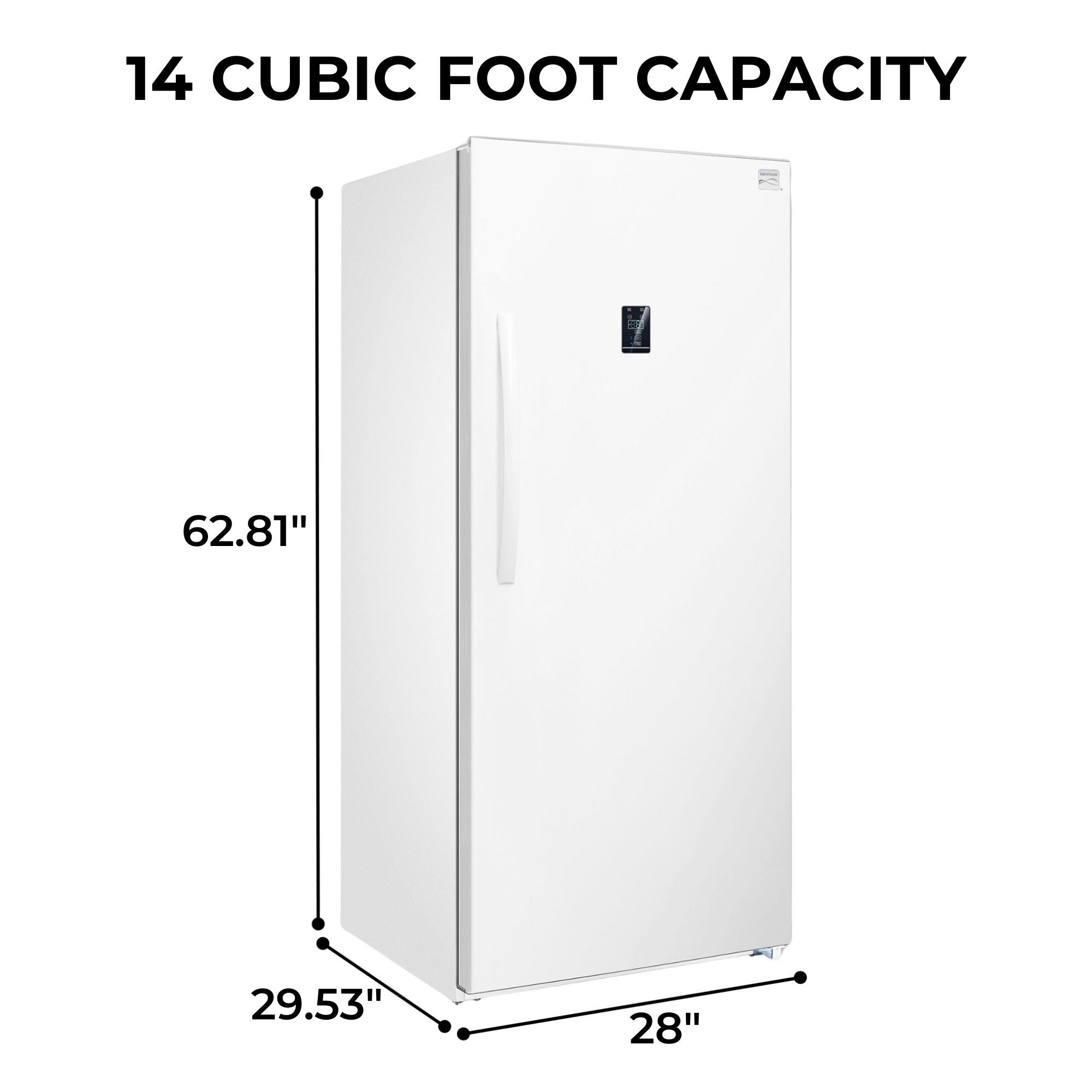 Kenmore upright convertible freezer on a white background with dimensions labeled and text above reading, "14  cubic foot capacity"