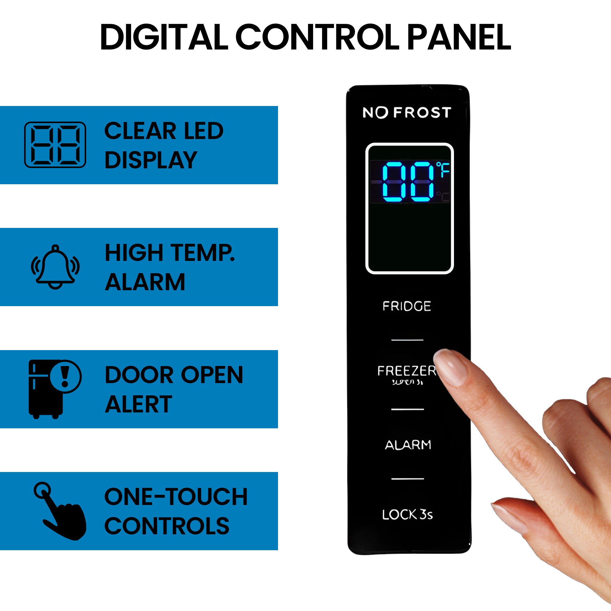 Closeup image of a finger touching the digital control panel with features listed to the left: Clear LED display; high temperature alarm; door open alert; one-touch controls.