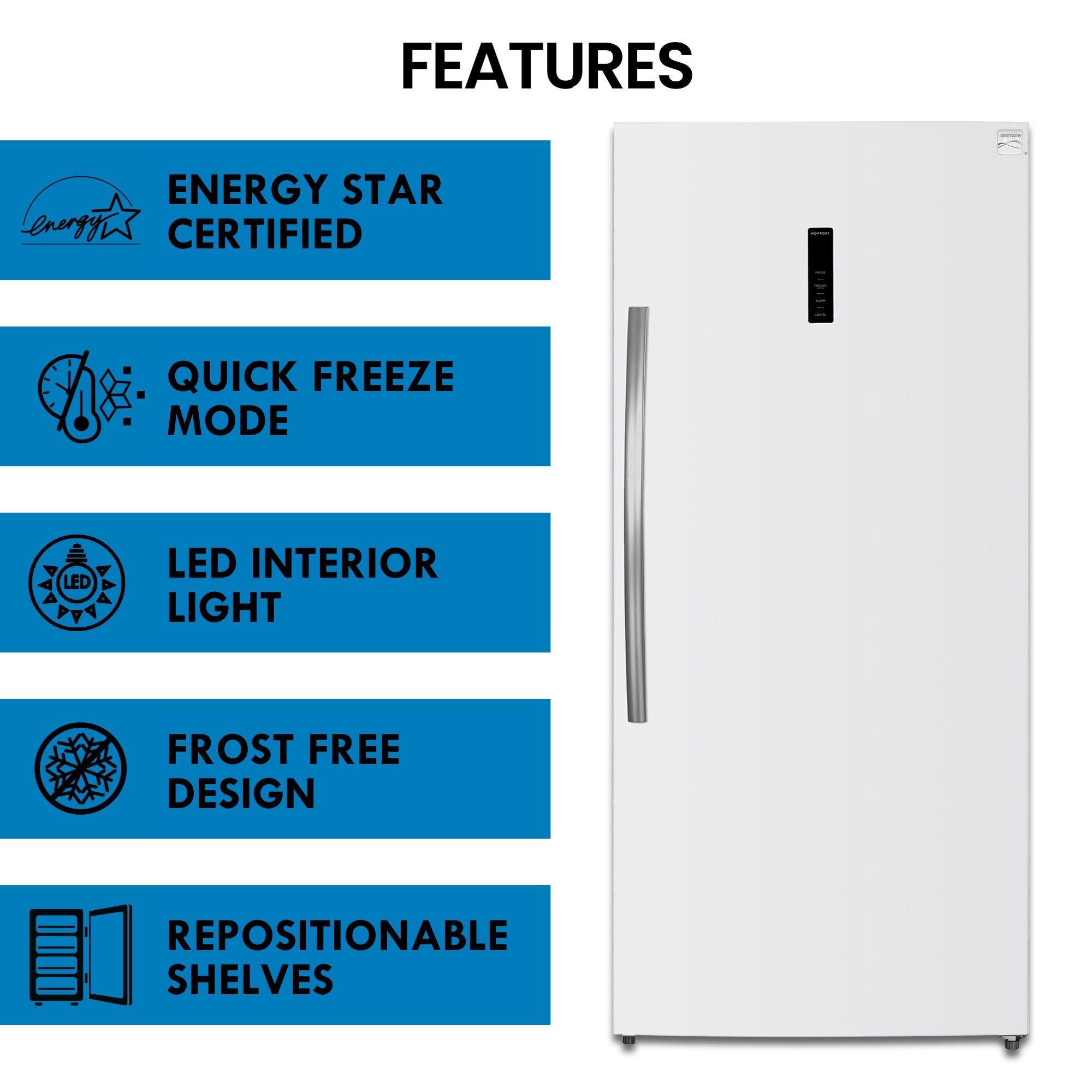 Kenmore upright convertible fridge freezer on a white background with features listed to the left: Energy Star certified; quick freeze mode; LED interior light; frost free; repositionable shelves