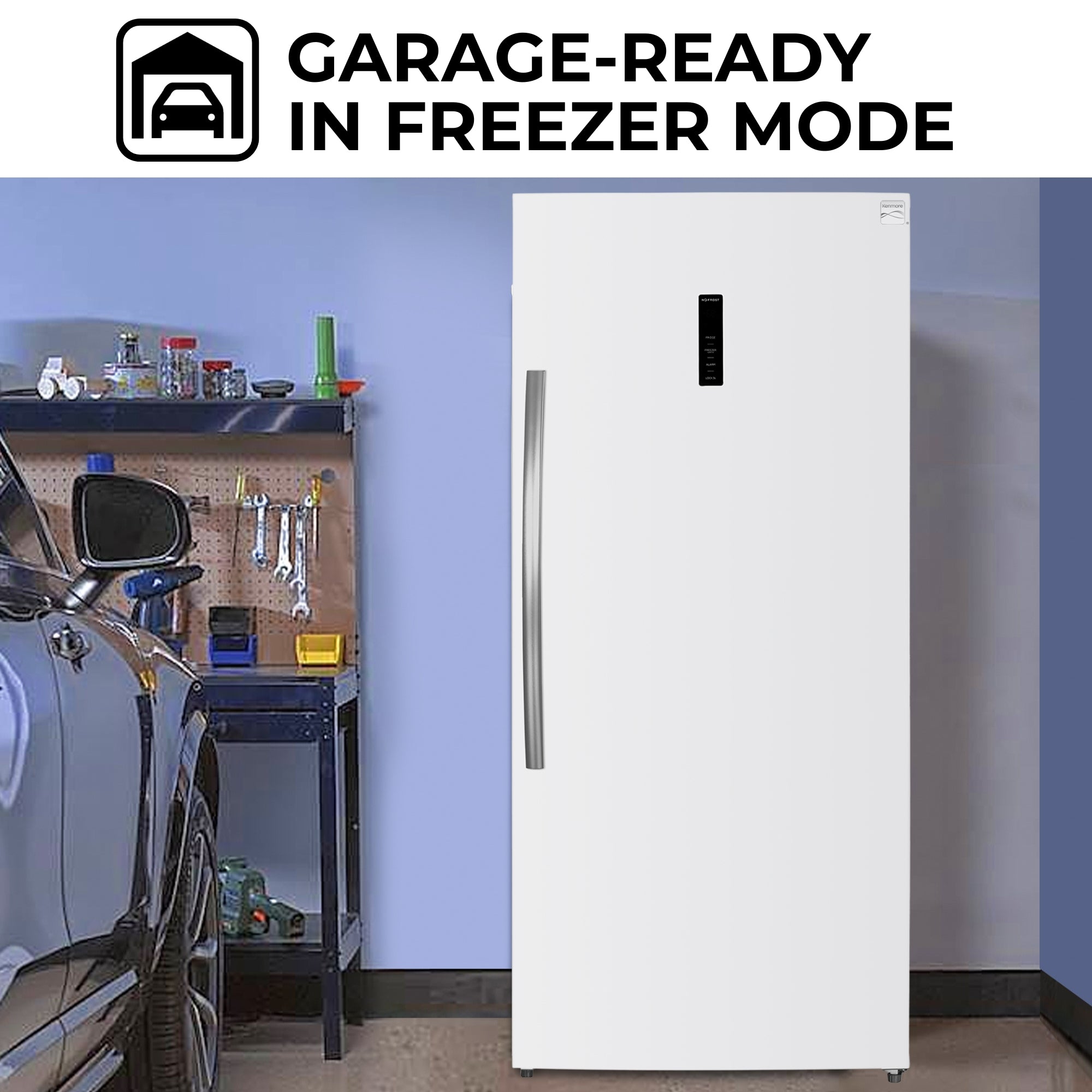 Kenmore convertible upright freezer/refrigerator, closed, in a garage with a tool bench and car partly visible beside it. Text above reads, "Garage-ready in freezer mode"