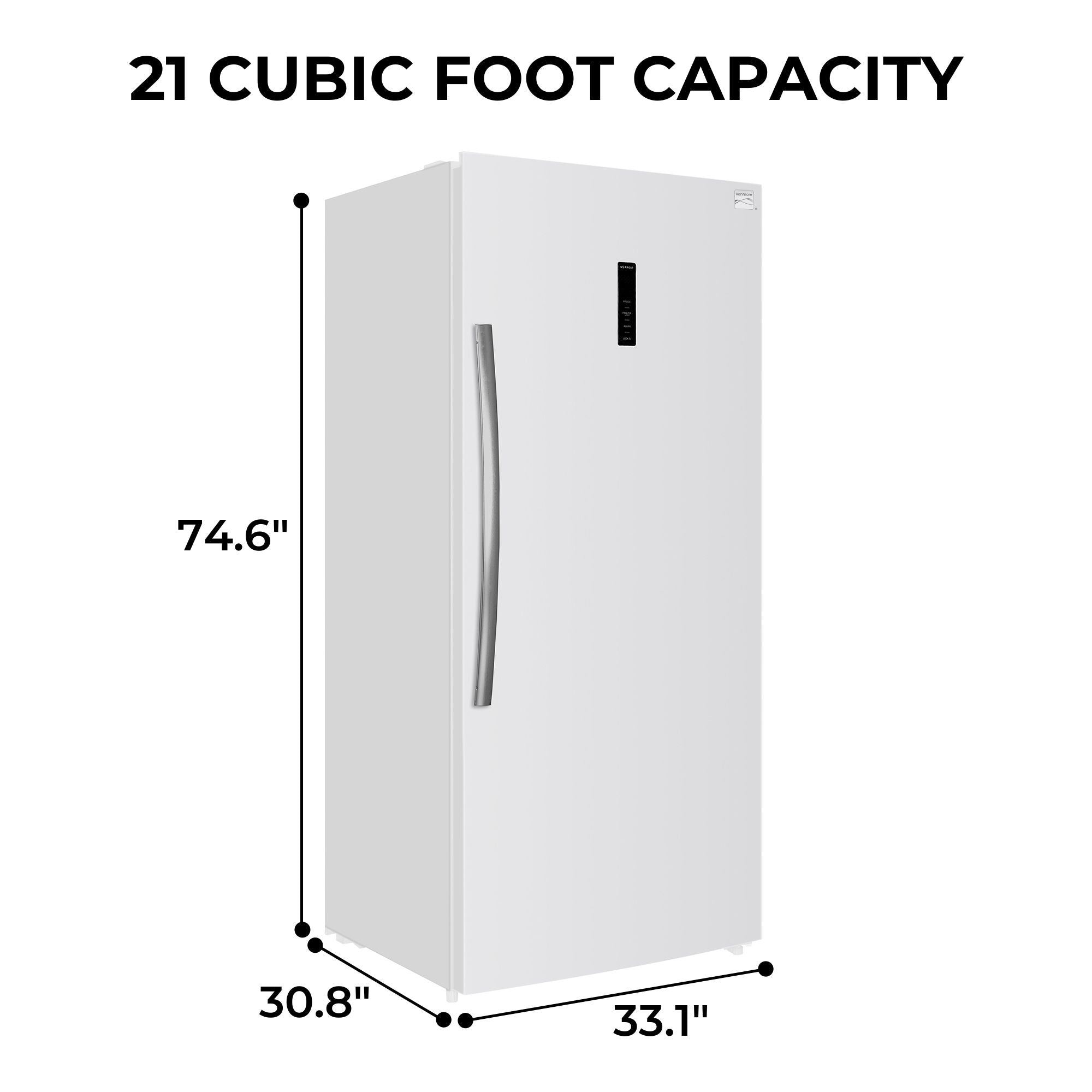 Kenmore upright convertible freezer on a white background with dimensions labeled and text above reading, "21 cubic foot capacity"