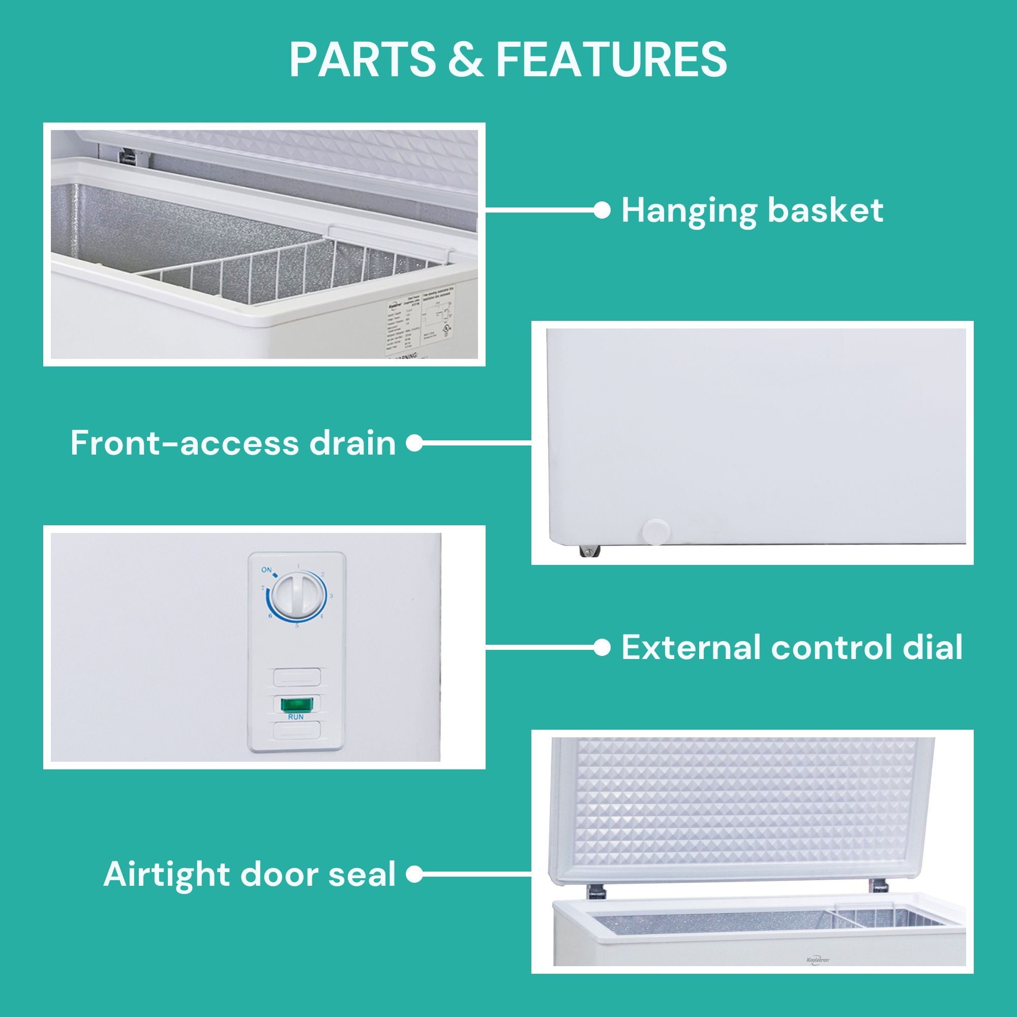 Closeup images of parts and features, labeled: Hanging basket; front-access drain; external control dial; airtight door seal