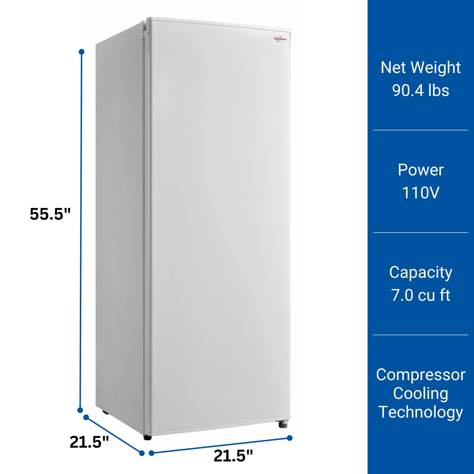  Product shot of white upright freezer with dimensions labeled on the left. Text to the right reads, "Net weight 90.4 lbs; Power 110V; Capacity 7.0 cu ft; Compressor cooling technology"