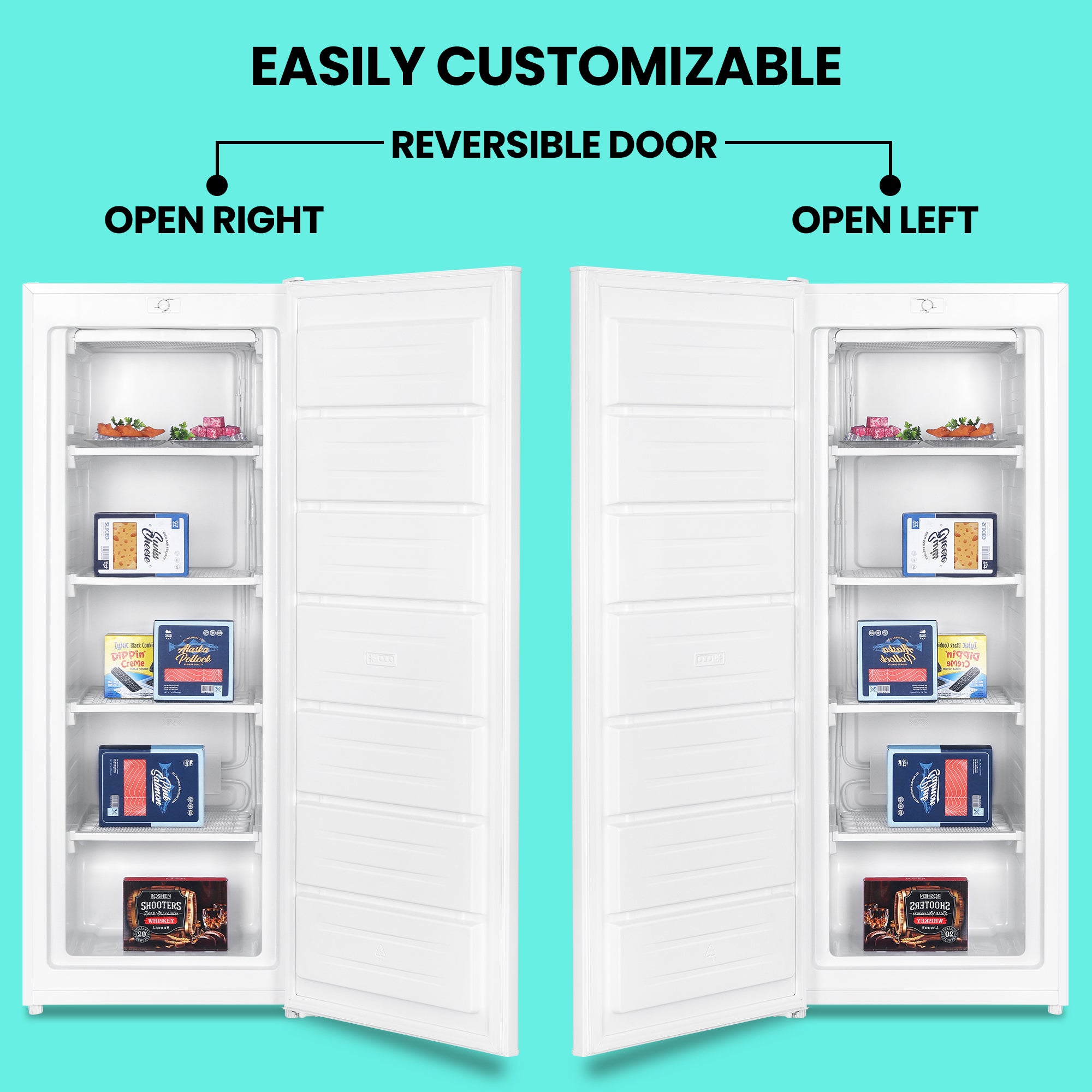 Two pictures show the Koolatron compact upright freezer open and filled with food items with the door installed to open right and left. Text above reads, "Easily customizable: Reversible door."