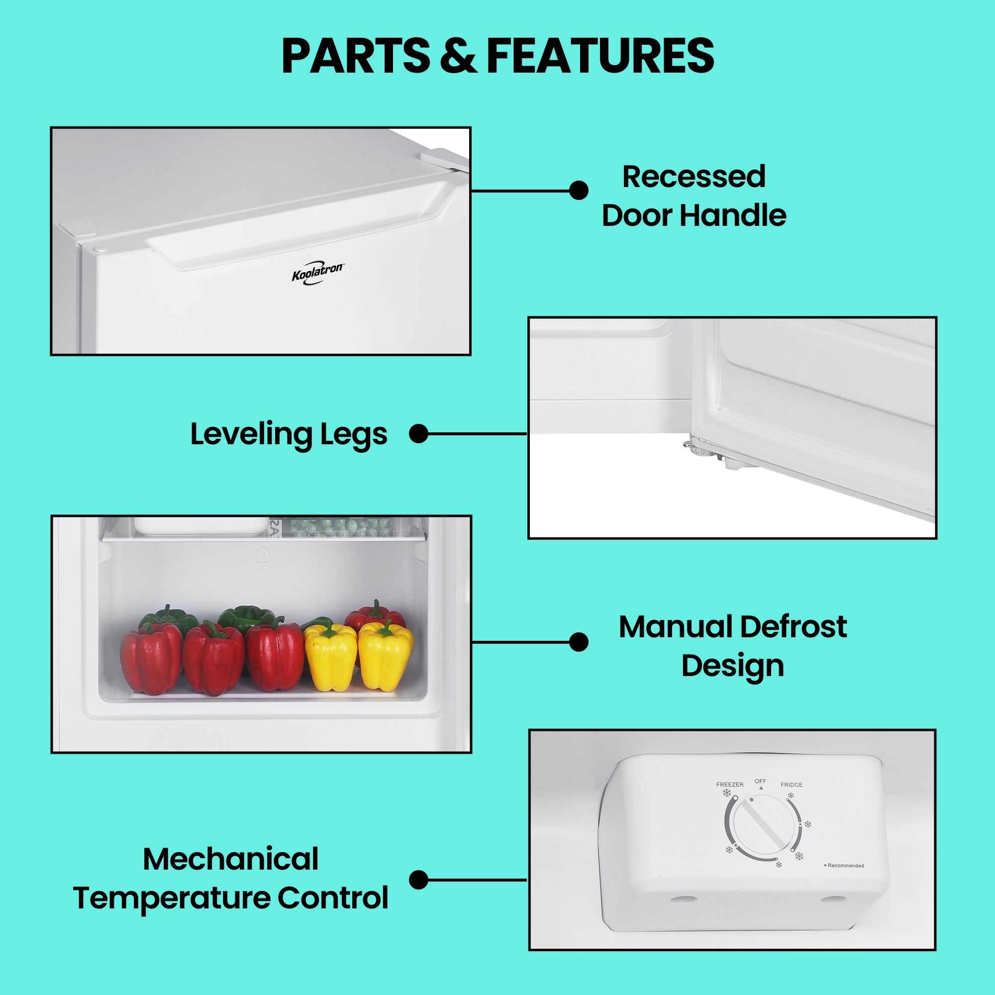 Four labeled images on a bright aqua background show parts and features of the Koolatron compact upright freezer: Recessed door handle; leveling legs; manual defrost design; mechanical temperature control.