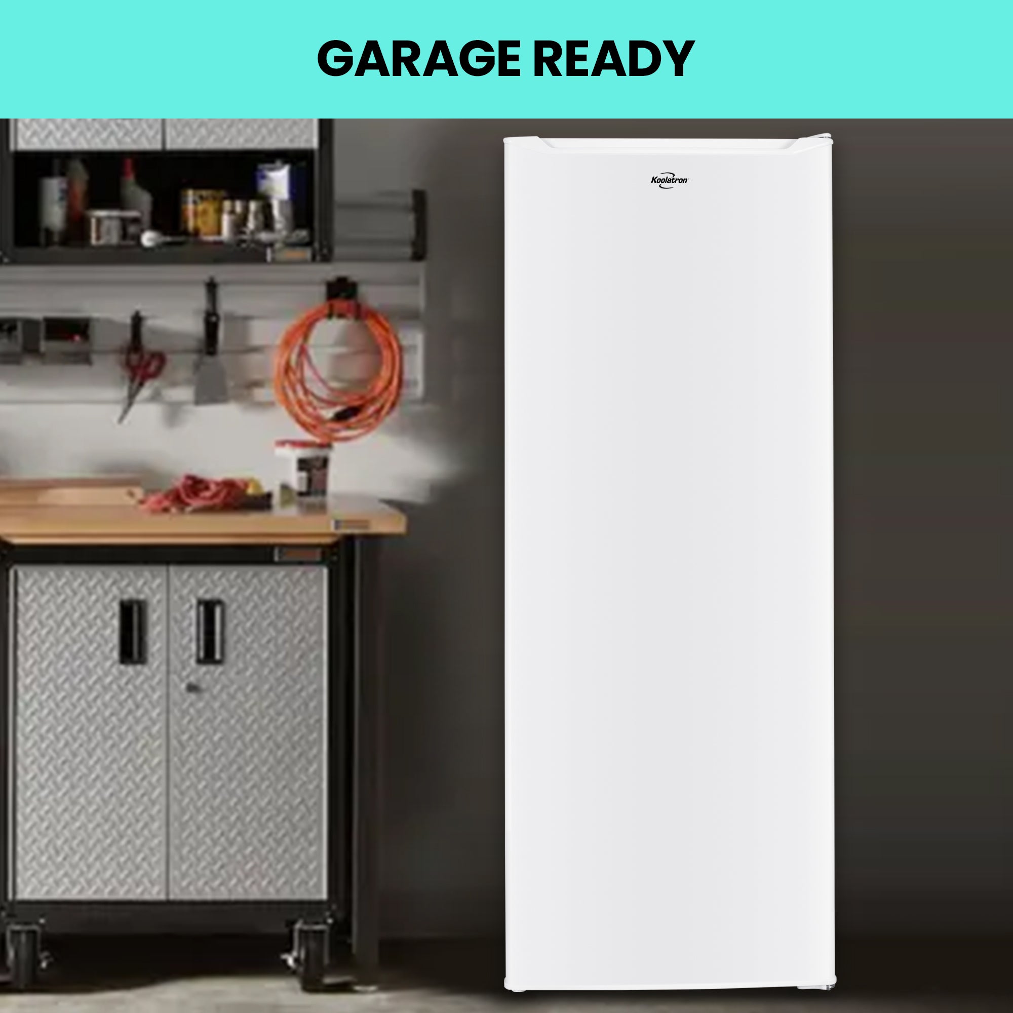 Koolatron compact upright freezer, closed, in a garage with a tool bench beside it. Text above reads, "Garage ready."