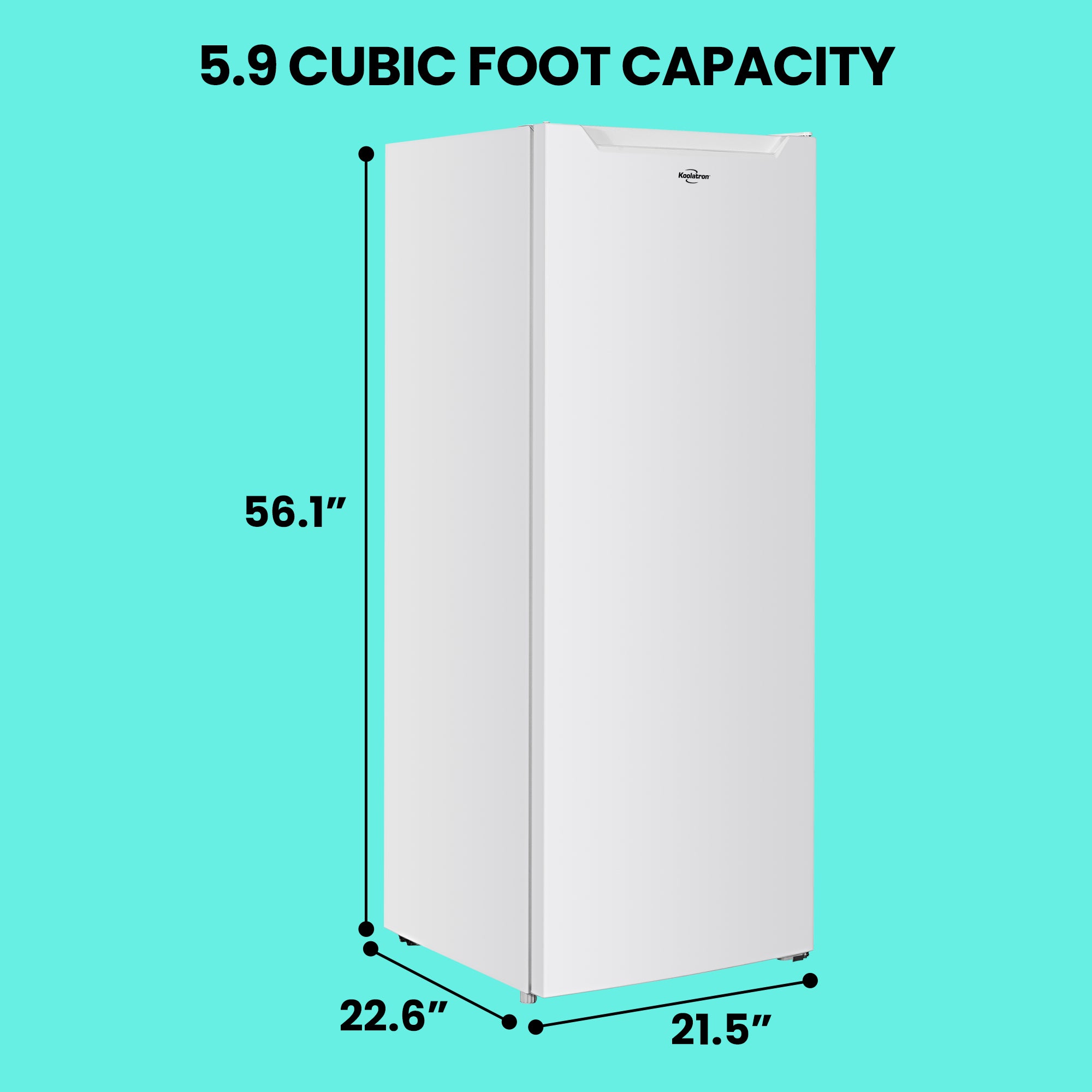 Koolatron compact upright freezer on a bright aqua with dimensions labeled and text above reading, "5.9 cubic foot capacity"