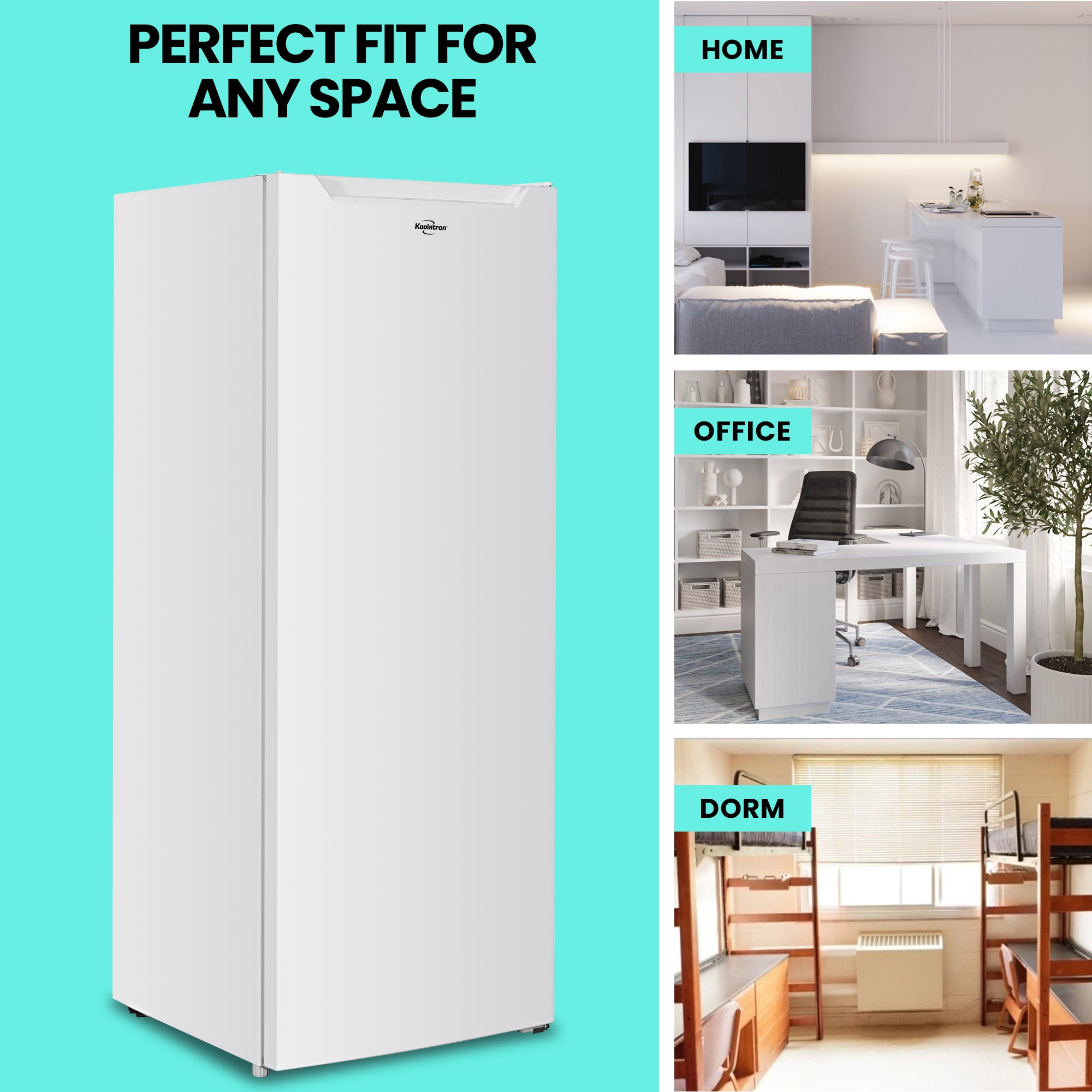 Koolatron compact upright freezer on a bright aqua background. Text above reads, "Perfect fit for any space," and three labeled images to the right show places where it could be used: Home, office, and dorm.