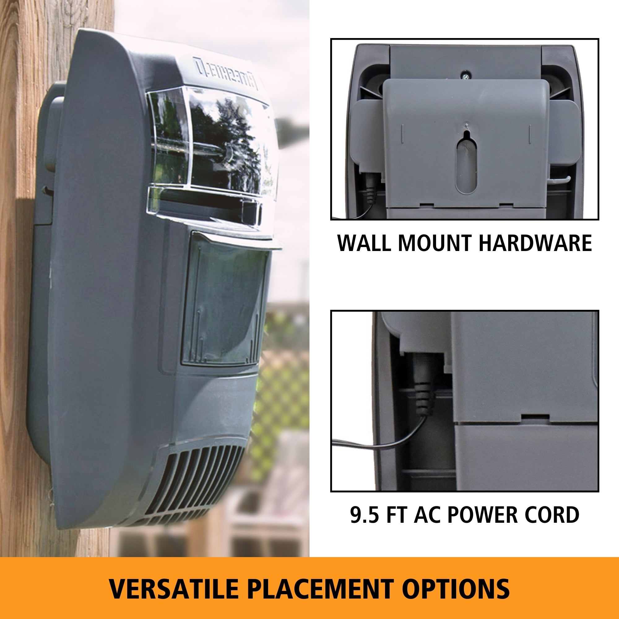  To the left is a picture of the Bite Shield wall mount flying insect trap attached to a wooden post and to the right are two closeup images of the back of the unit, labeled, "wall mount hardware," and, "9.5 ft AC power cord." Text below reads, "Versatile placement options."