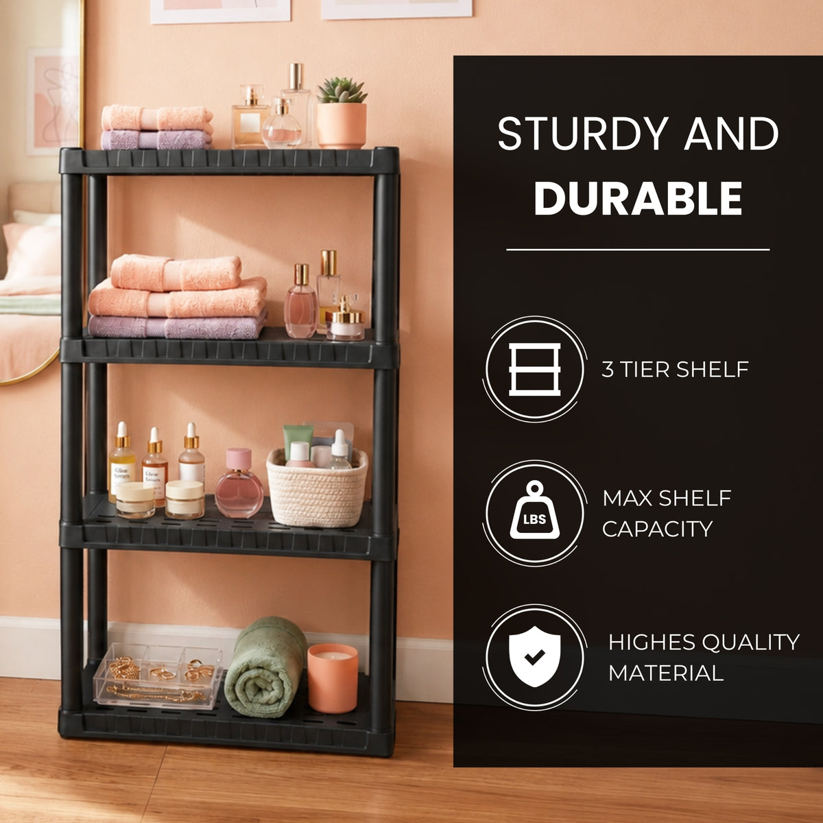 Oskar 4-Tier Plastic Shelving Unit, Black