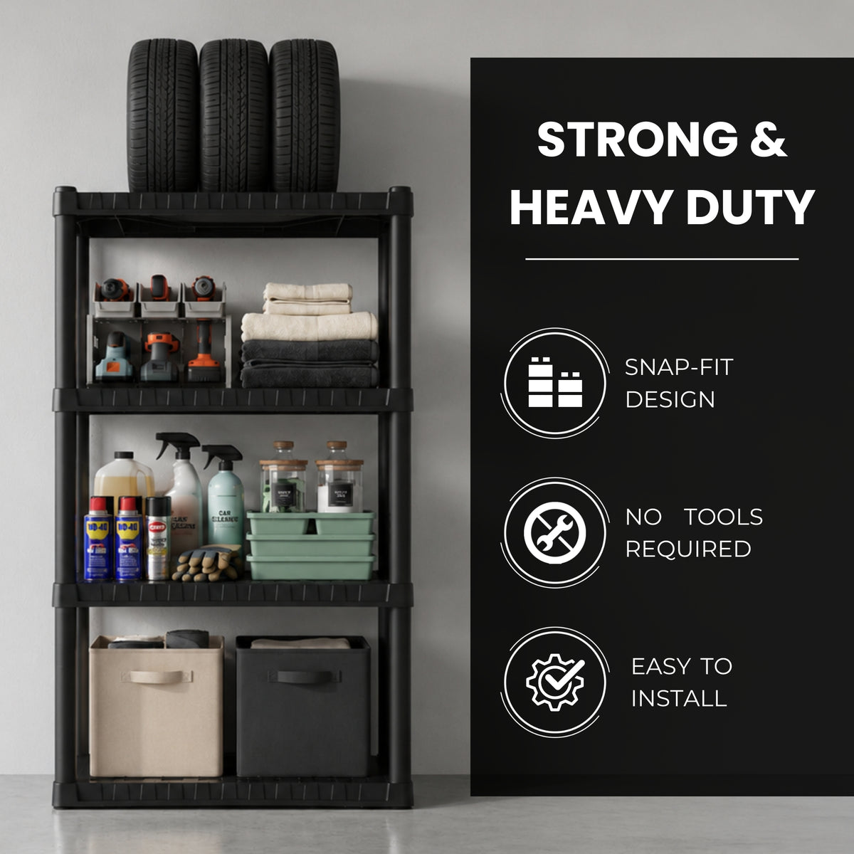 Oskar 4-Tier Plastic Shelving Unit, Black