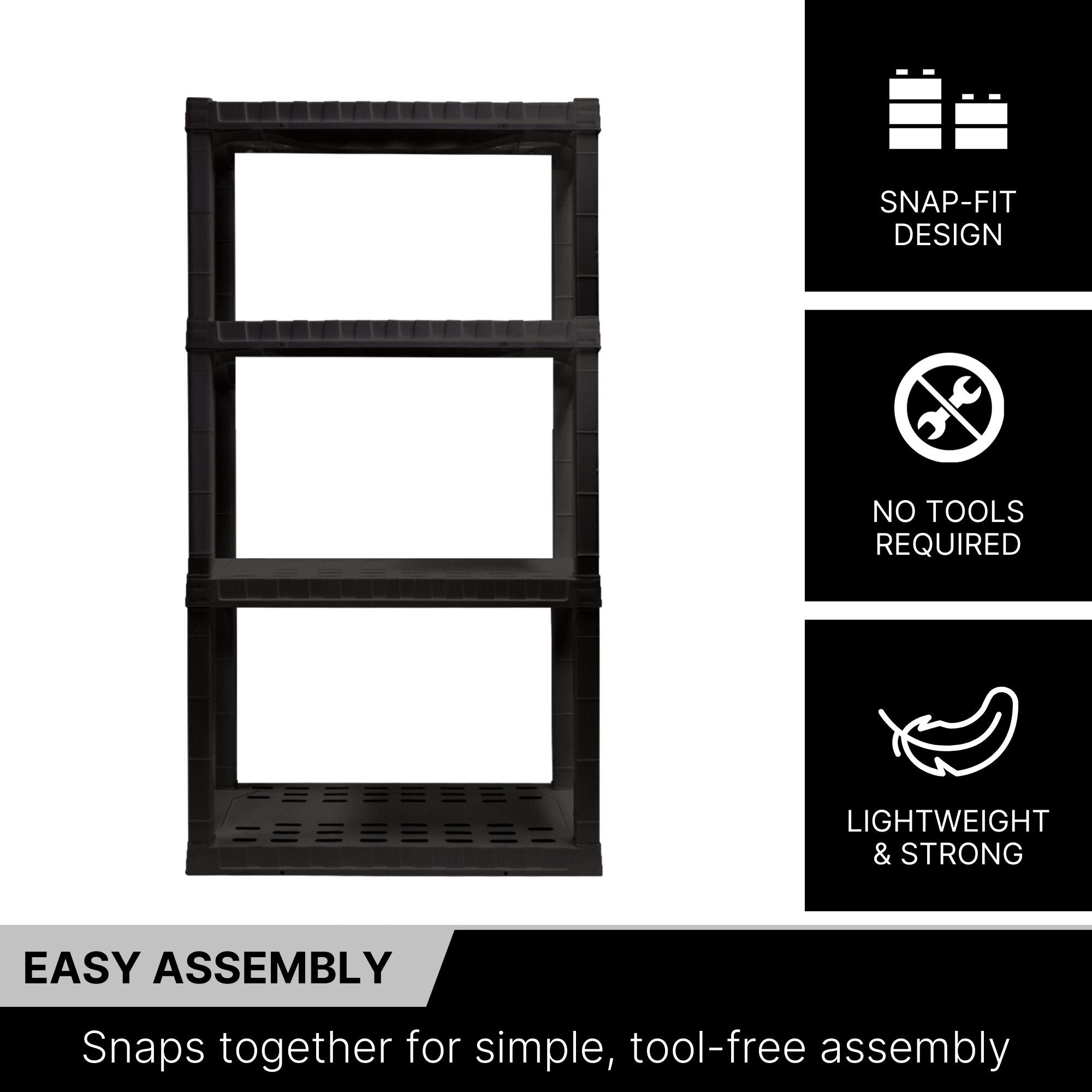Oskar 4-tier storage shelf on a white background with text and icons to the right describing features: Snap-fit design; No tools required; Lightweight and strong. Text below reads,"Easy assembly: Snaps together for simple, tool-free assembly"