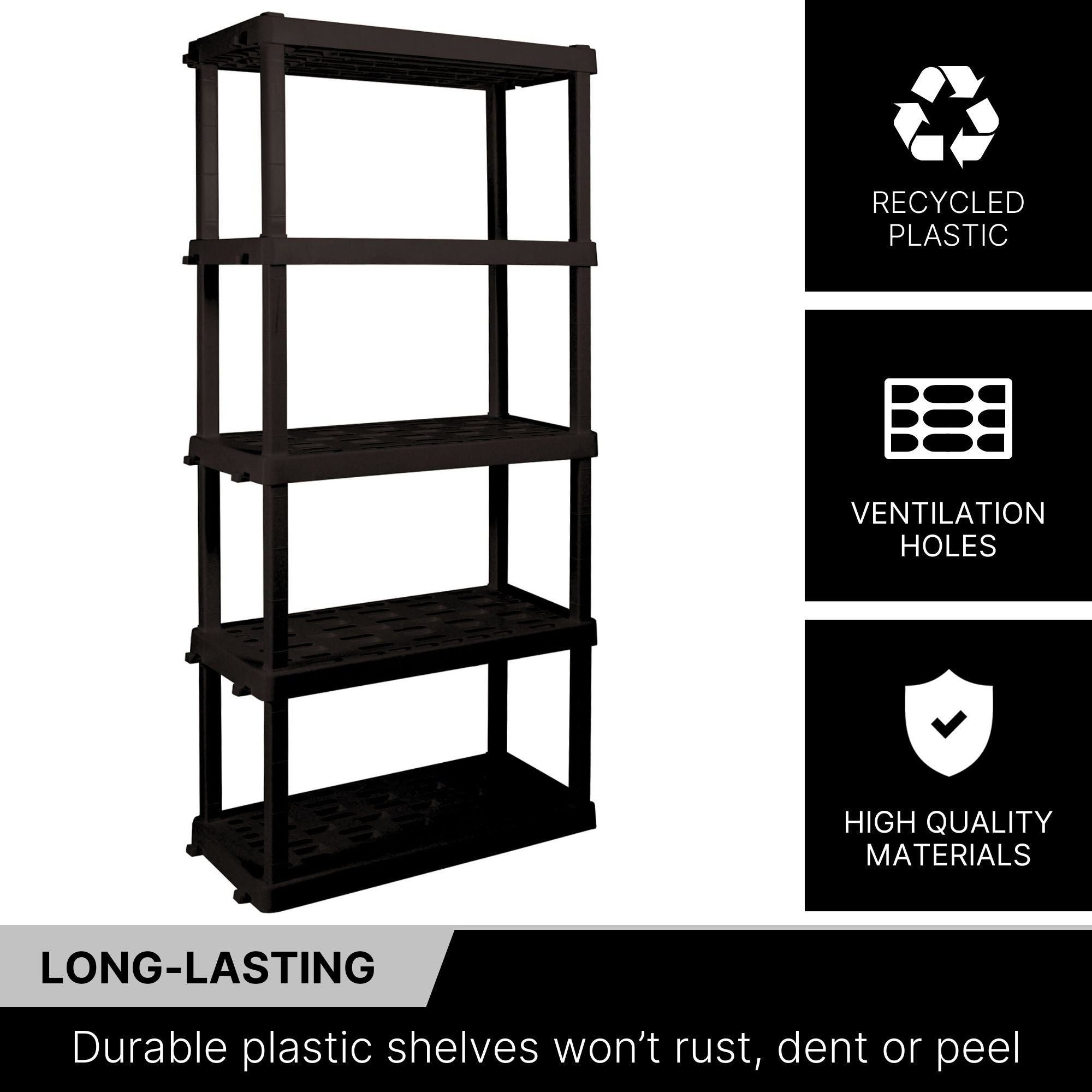 Oskar 5-tier shelf unit on a white background with text and icons to the right describing features: Recycled plastic; ventilation holes; high quality materials. Text below reads,"Long-lasting: Durable plastic shelves won’t rust, dent or peel"