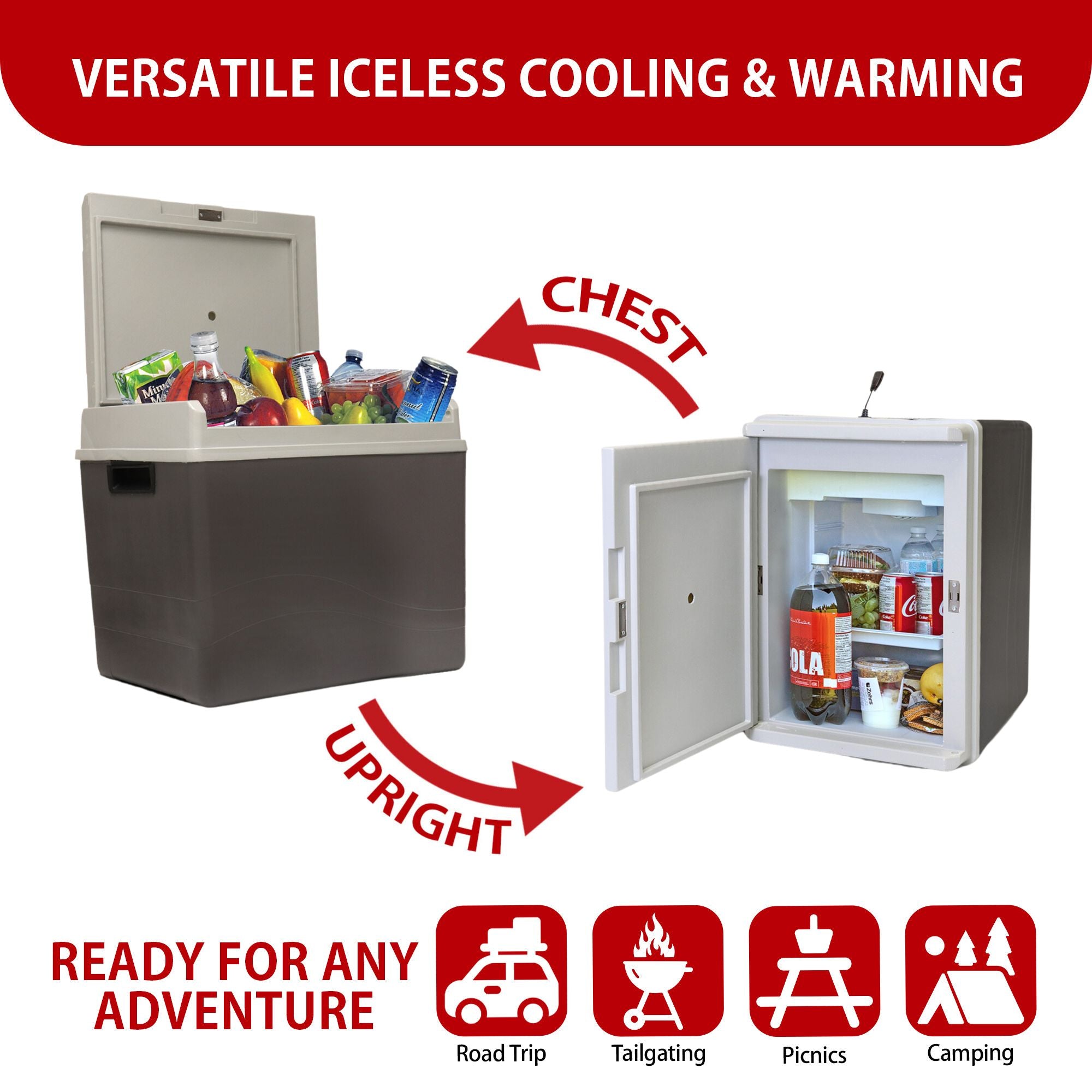 Two images show the Koolatron 12V cooler/warmer as an ice chest and on its side as a mini-fridge with arrows labeled, "CHEST" and "UPRIGHT." Text above reads, "VERSATILE ICELESS COOLING & WARMING." Text below reads, "READY FOR ANY ADVENTURE" followed by icons labeled: Road trip, tailgating, picnics, and camping.