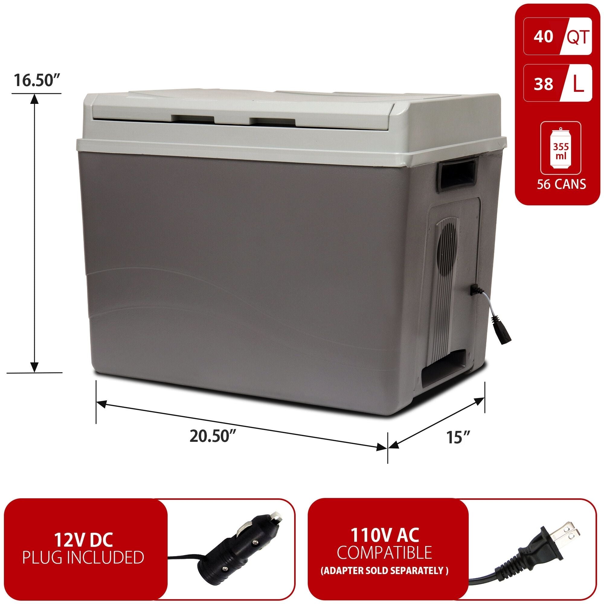 Koolatron 12V travel fridge/warmer, closed on a white background with dimensions and capacity labeled. Two inset images below show power adapters with text reading "12V DC plug included; AC compatible (adapter sold separately)"